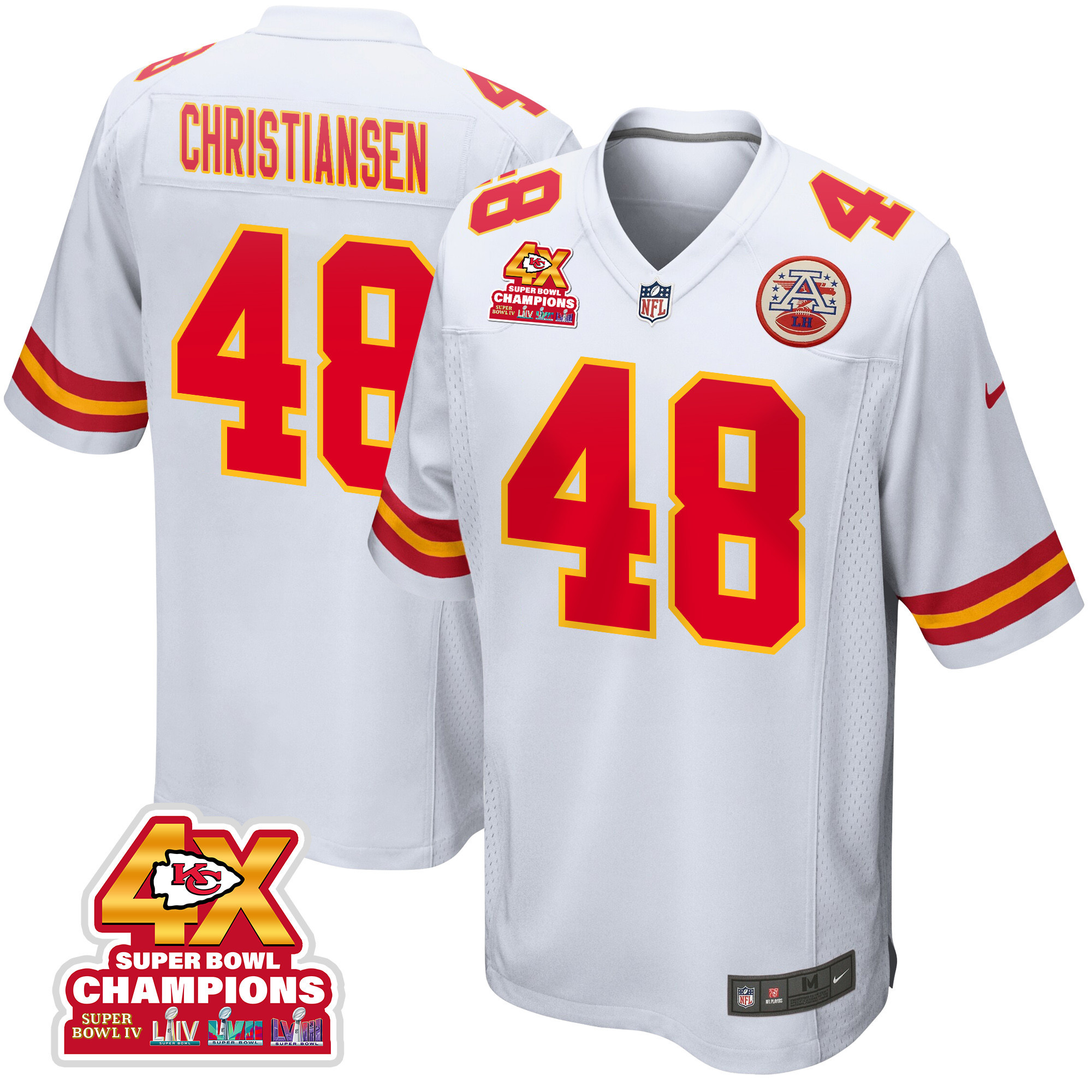 Cole Christiansen 48 Kansas City Chiefs Super Bowl LVIII Champions 4X Game Men Jersey - White JS3008 Saliibo