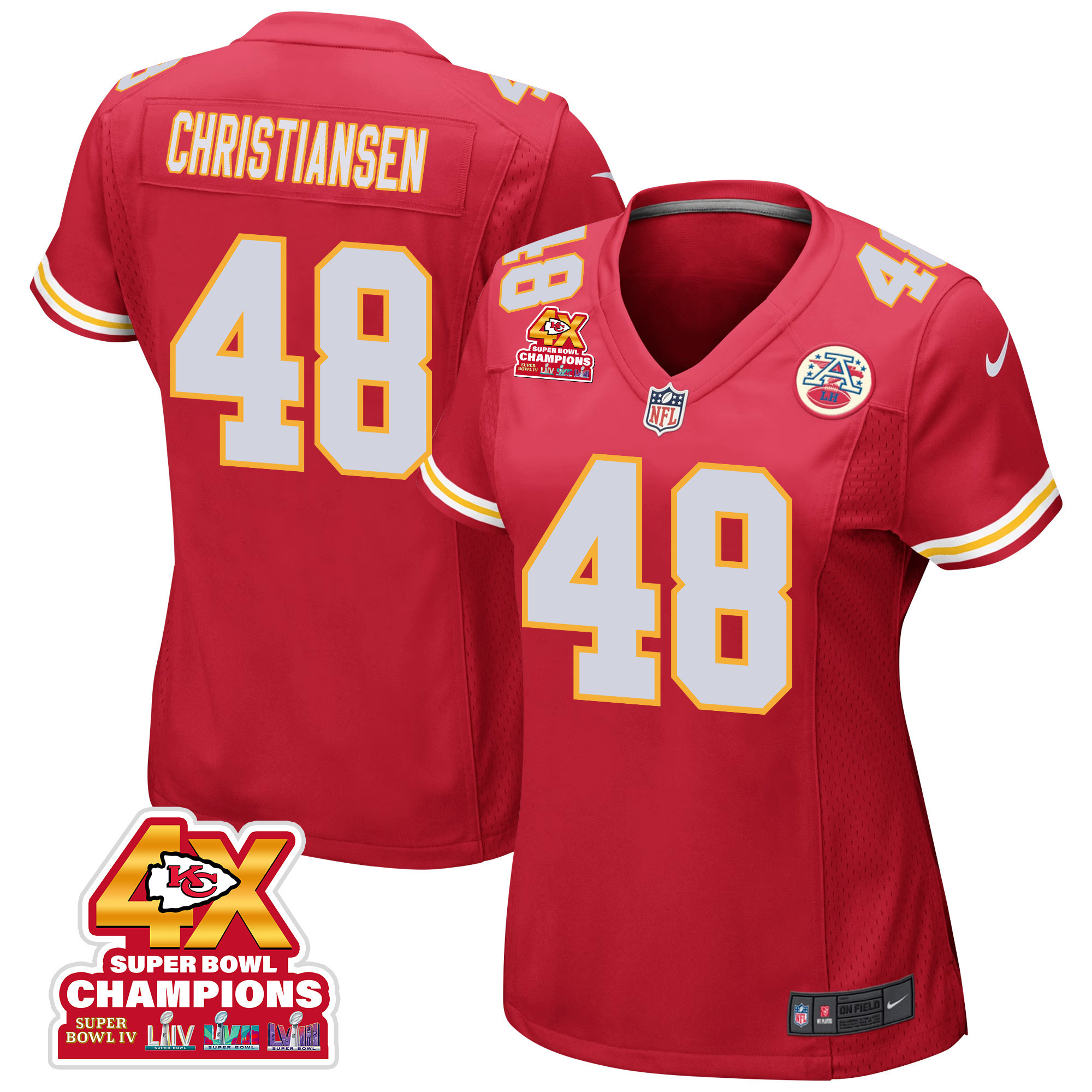 Cole Christiansen 48 Kansas City Chiefs Super Bowl LVIII Champions 4X Game Women Jersey - Red JS9514 Saliibo