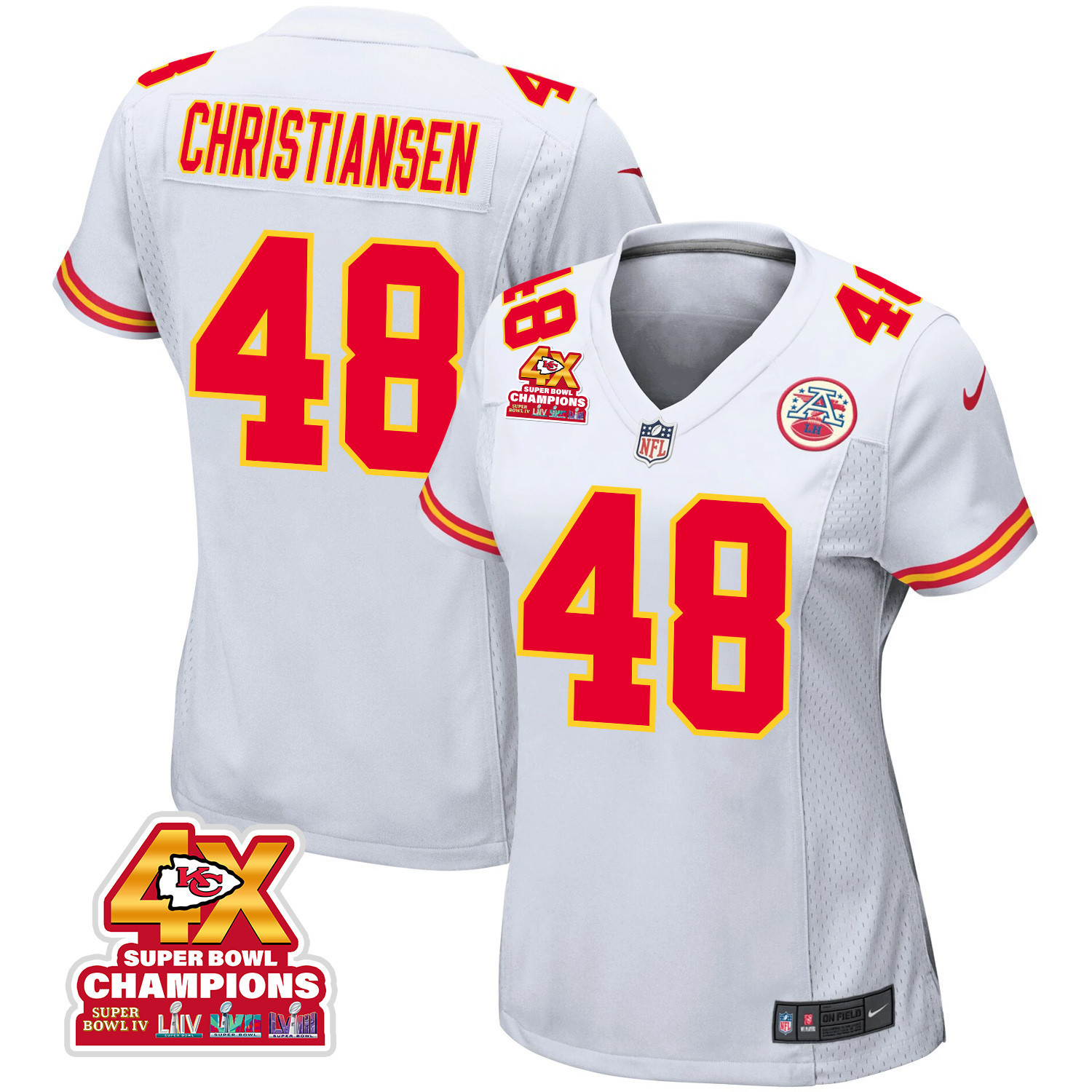 Cole Christiansen 48 Kansas City Chiefs Super Bowl LVIII Champions 4X Game Women Jersey - White JS7905 Saliibo