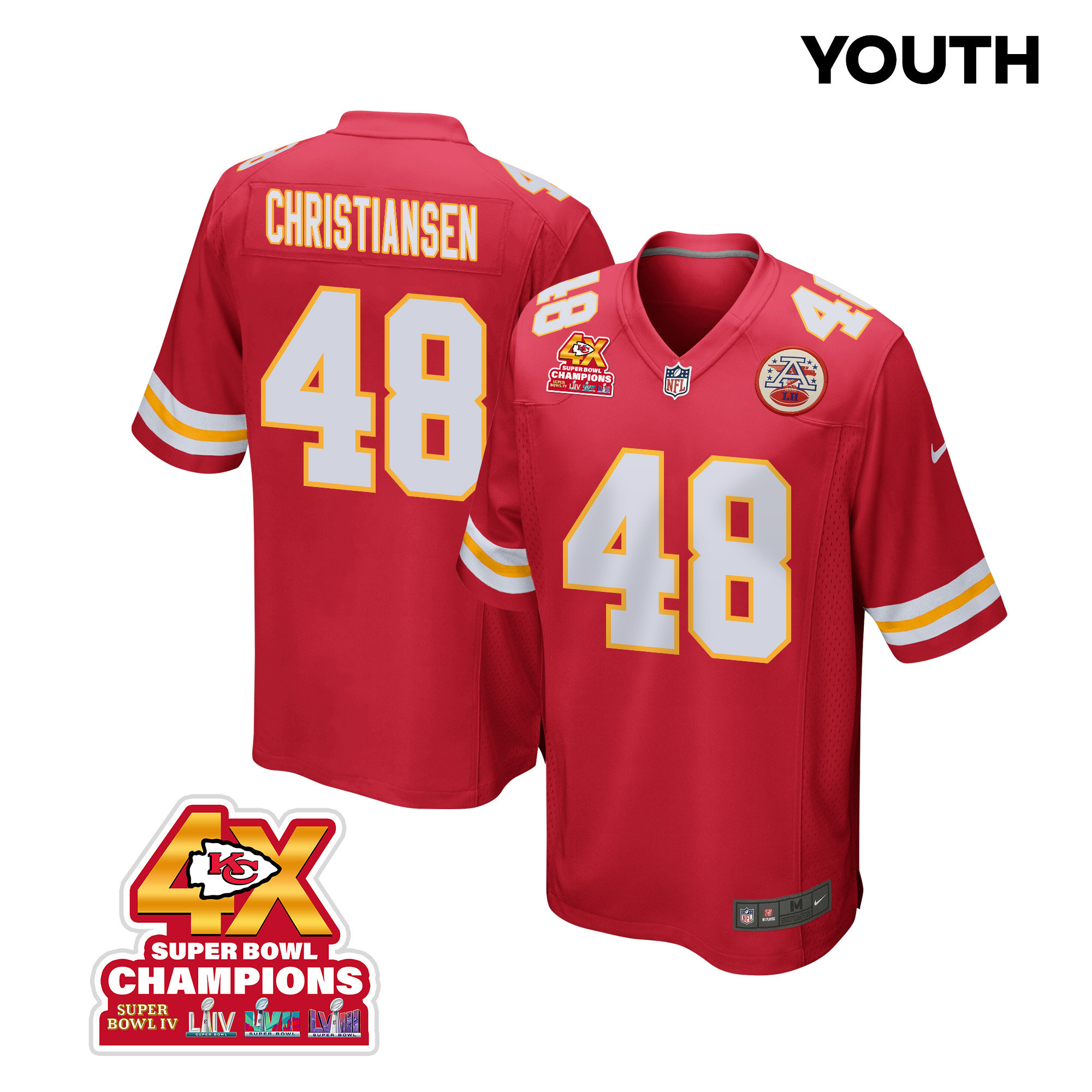 Cole Christiansen 48 Kansas City Chiefs Super Bowl LVIII Champions 4X Game YOUTH Jersey - Red JS8936 Saliibo