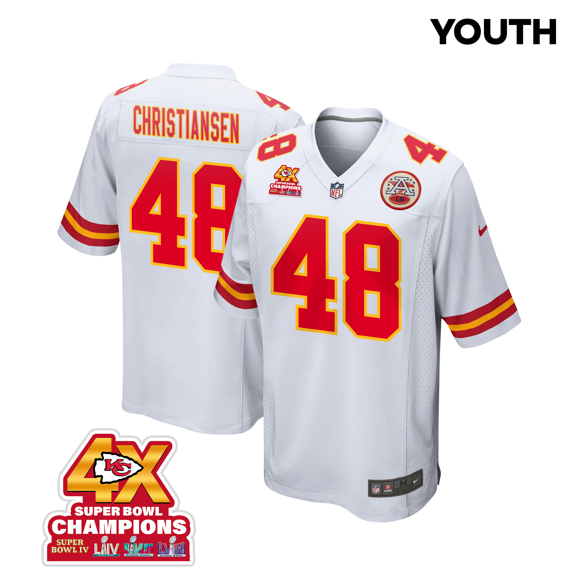 Cole Christiansen 48 Kansas City Chiefs Super Bowl LVIII Champions 4X Game YOUTH Jersey - White JS8754 Saliibo