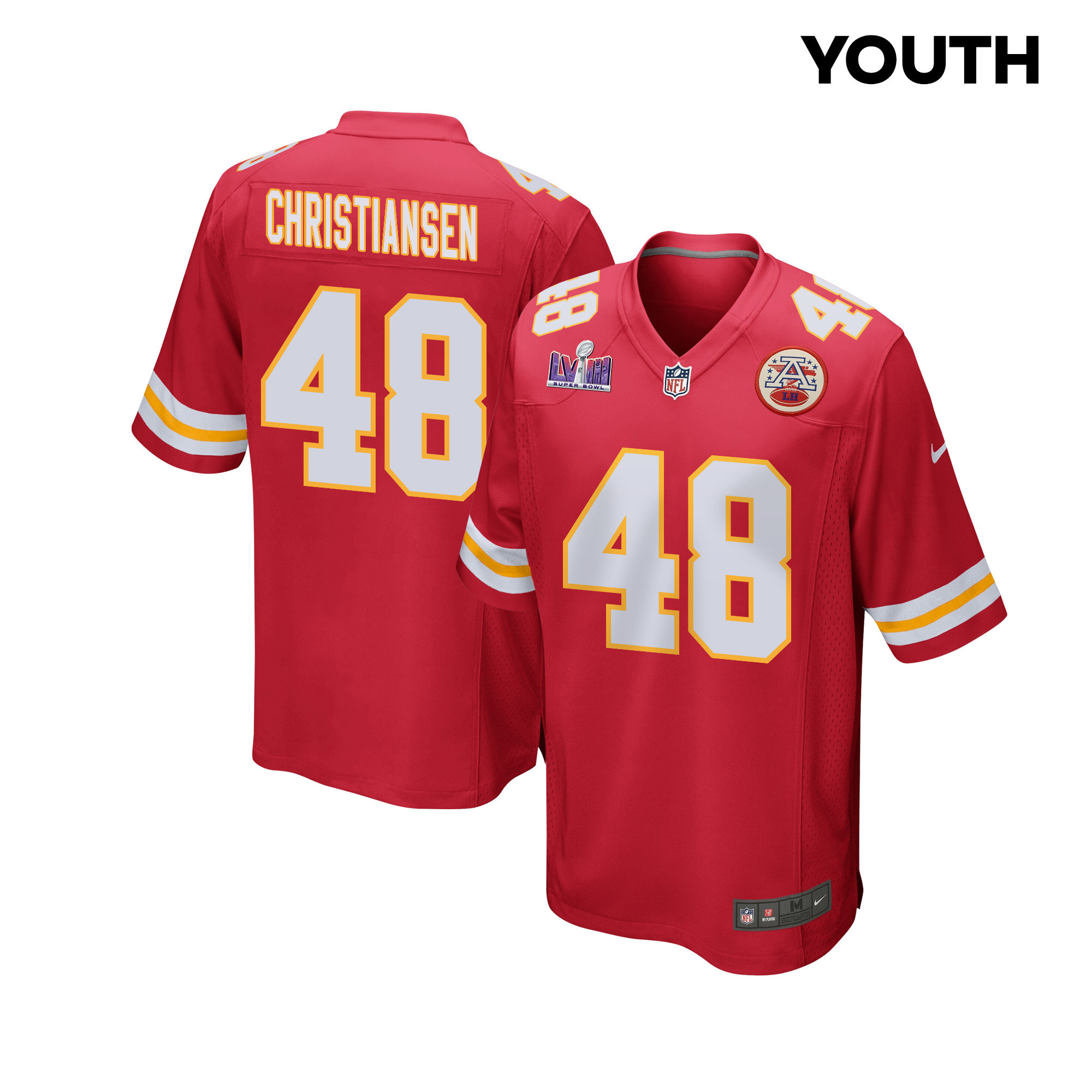 Cole Christiansen 48 Kansas City Chiefs Super Bowl LVIII Patch Game YOUTH Jersey - Red JS5632 Saliibo