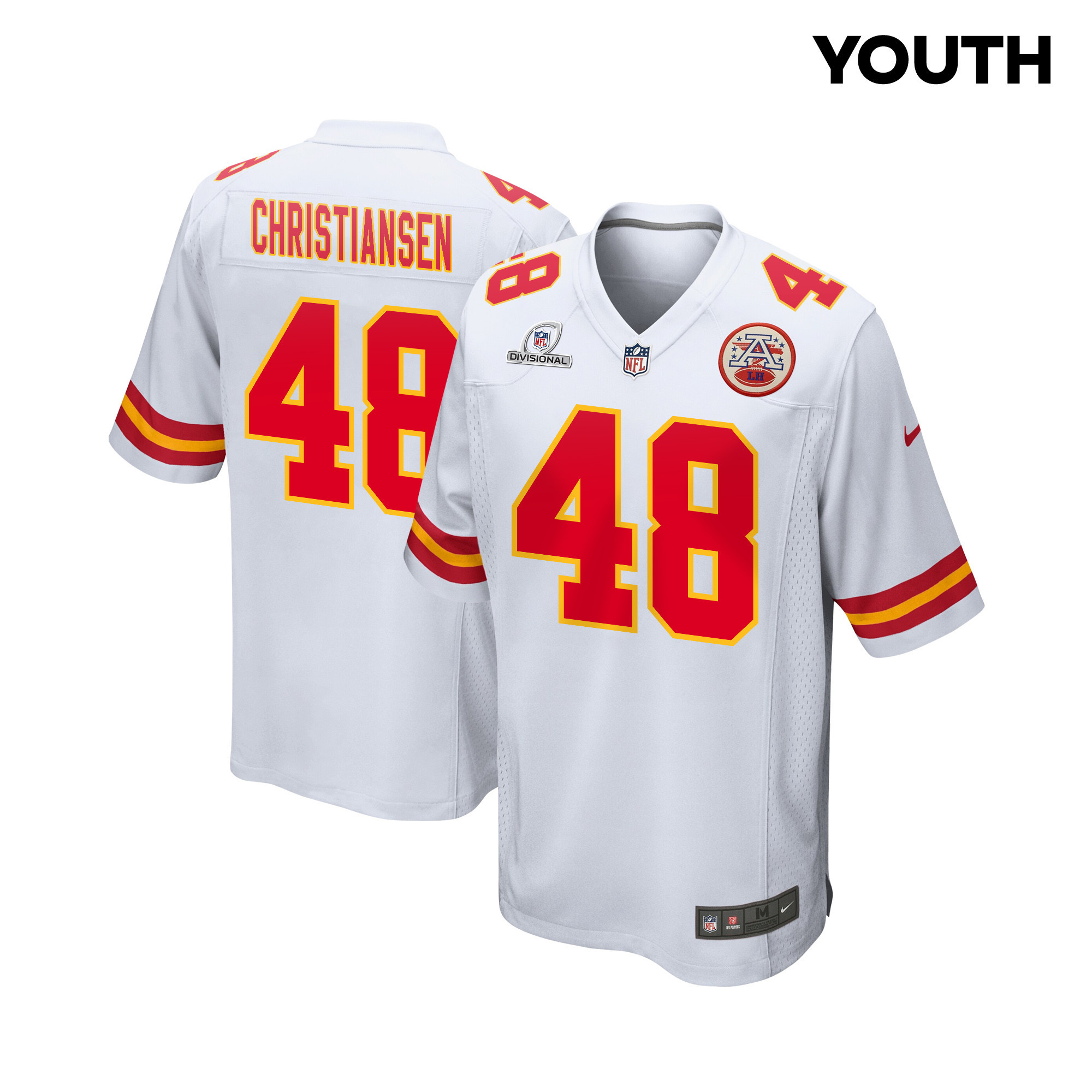 Cole Christiansen 48 Kansas City Chiefs Super Bowl LVIII Patch Game YOUTH Jersey - White JS1363 Saliibo