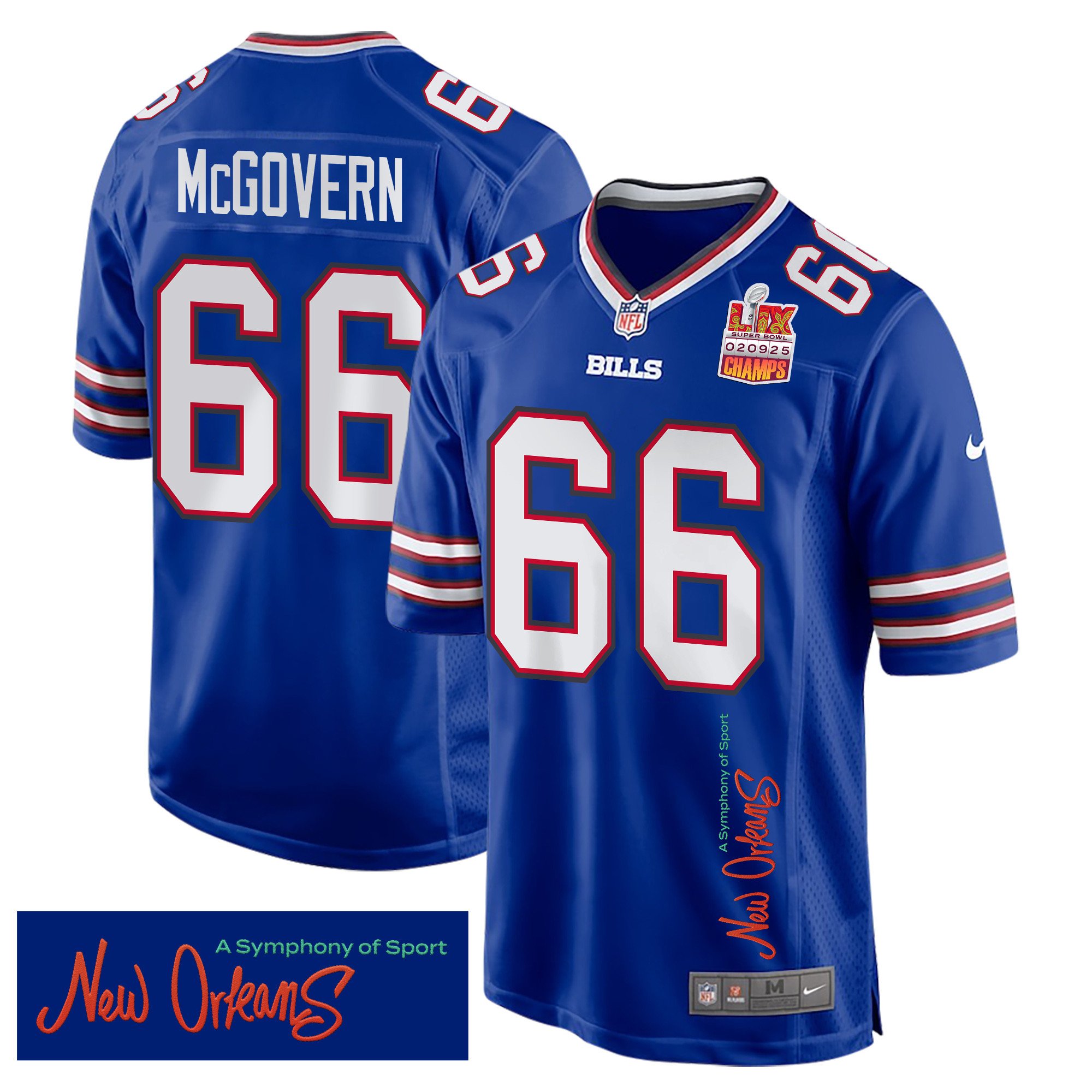 Connor McGovern 66 Buffalo Bills Super Bowl LIX Champions Patch 'New Orleans - A Symphony of Sport' EMBROIDERED Game Men Jersey - Royal JS4352 Saliibo