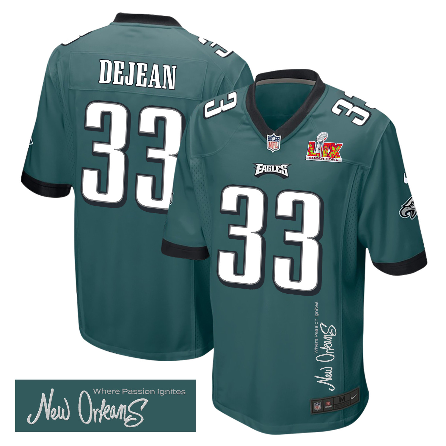 Cooper DeJean 33 Philadelphia Eagles Super Bowl LIX 'New Orleans - Where Passion Ignites' EMBROIDERED Game Men Jersey - Midnight Green JS7397 Saliibo