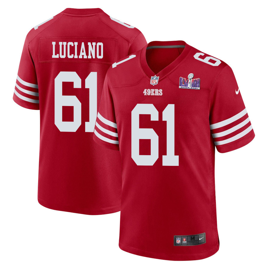 Corey Luciano 61 San Francisco 49ers Super Bowl LVIII Patch Game Men Jersey - Scarlet JS8238 Saliibo