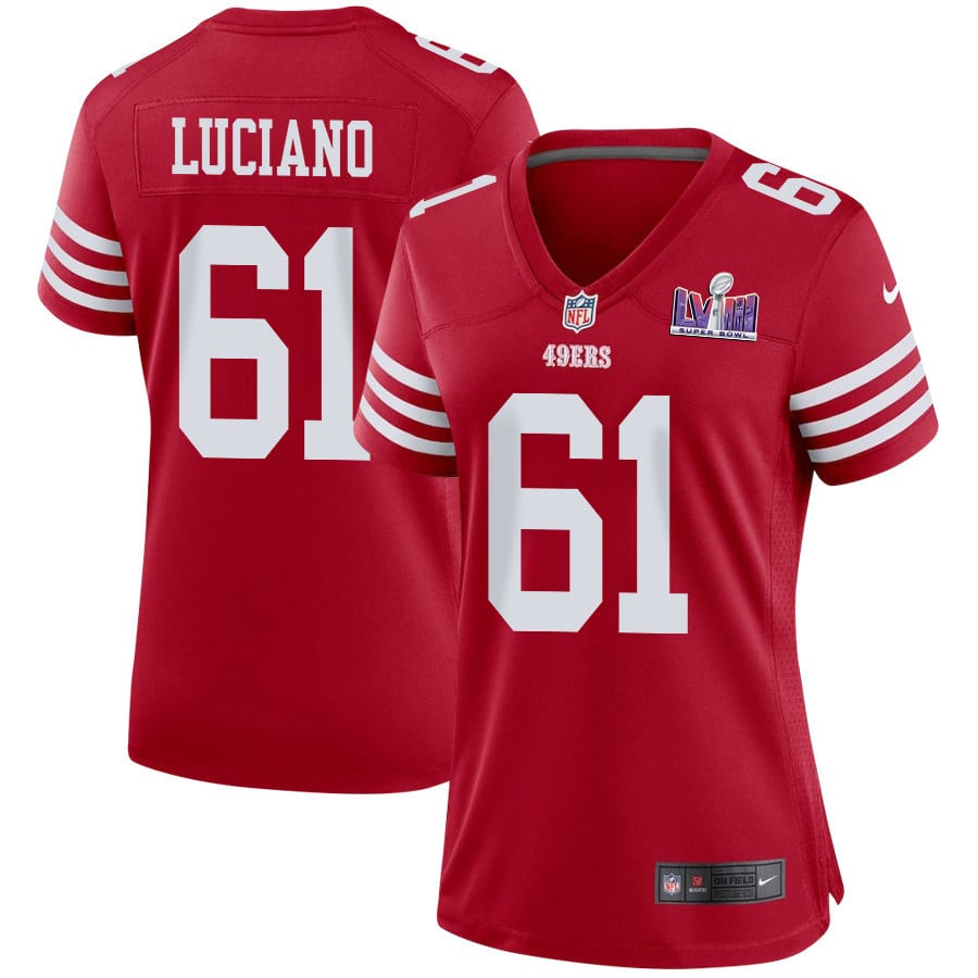Corey Luciano 61 San Francisco 49ers Super Bowl LVIII Patch Game Women Jersey - Scarlet JS4175 Saliibo