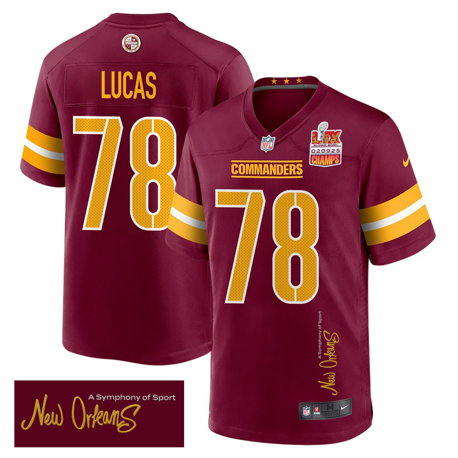 Cornelius Lucas 78 Washington Commanders Super Bowl LIX Champions Patch 'New Orleans - A Symphony of Sport' EMBROIDERED Game Men Jersey - Burgundy JS6841 Saliibo