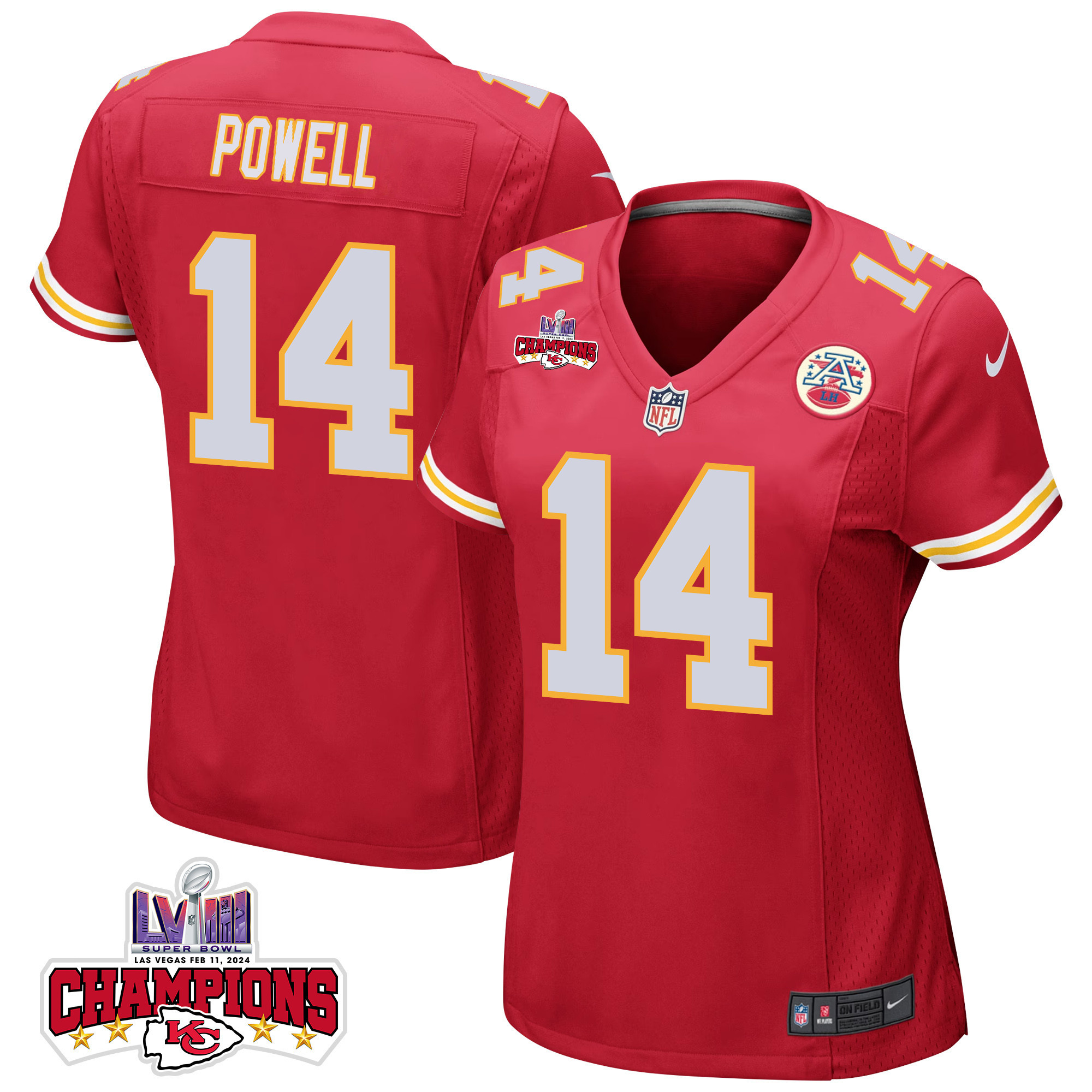 Cornell Powell 14 Kansas City Chiefs Super Bowl LVIII Champions 4 Stars Patch Game Women Jersey - Red JS9685 Saliibo