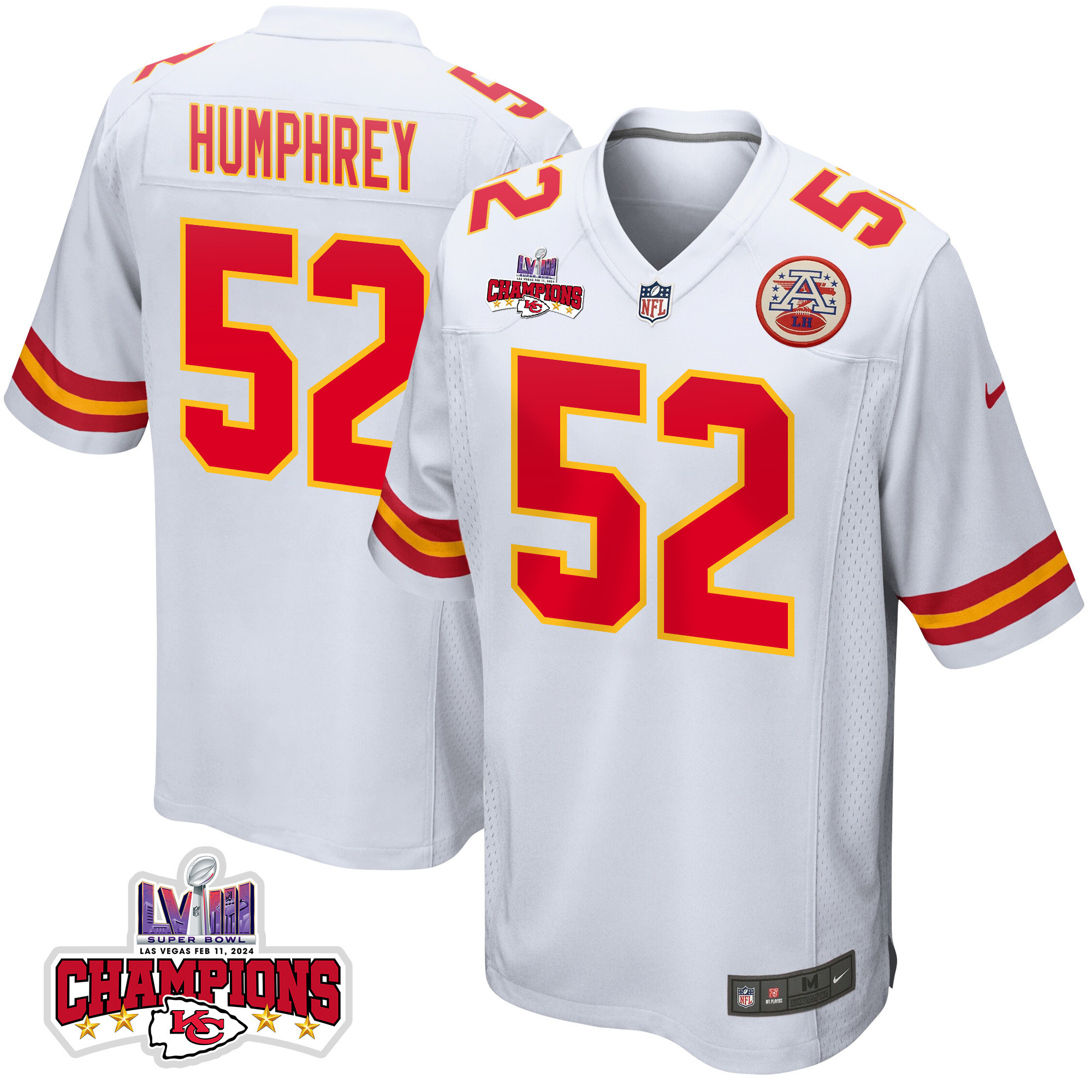 Creed Humphrey 52 Kansas City Chiefs Super Bowl LVIII Champions 4 Stars Patch Game Men Jersey - White JS5512 Saliibo