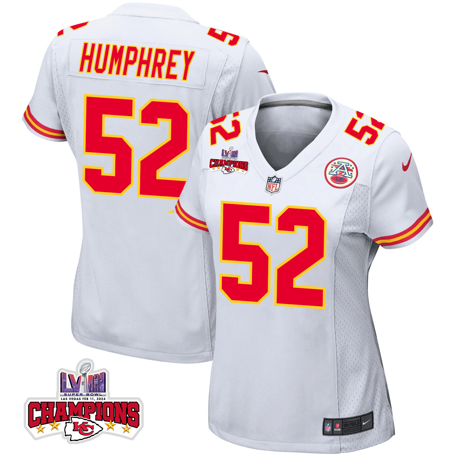 Creed Humphrey 52 Kansas City Chiefs Super Bowl LVIII Champions 4 Stars Patch Game Women Jersey - White JS2655 Saliibo
