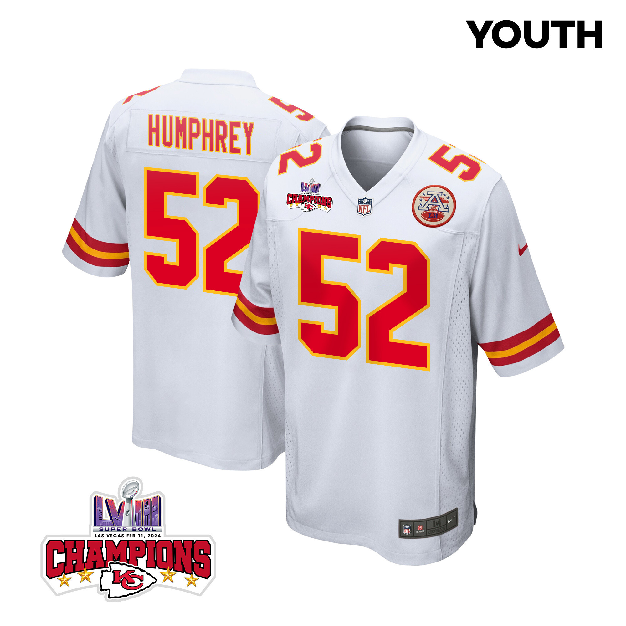 Creed Humphrey 52 Kansas City Chiefs Super Bowl LVIII Champions 4 Stars Patch Game YOUTH Jersey - White JS7690 Saliibo