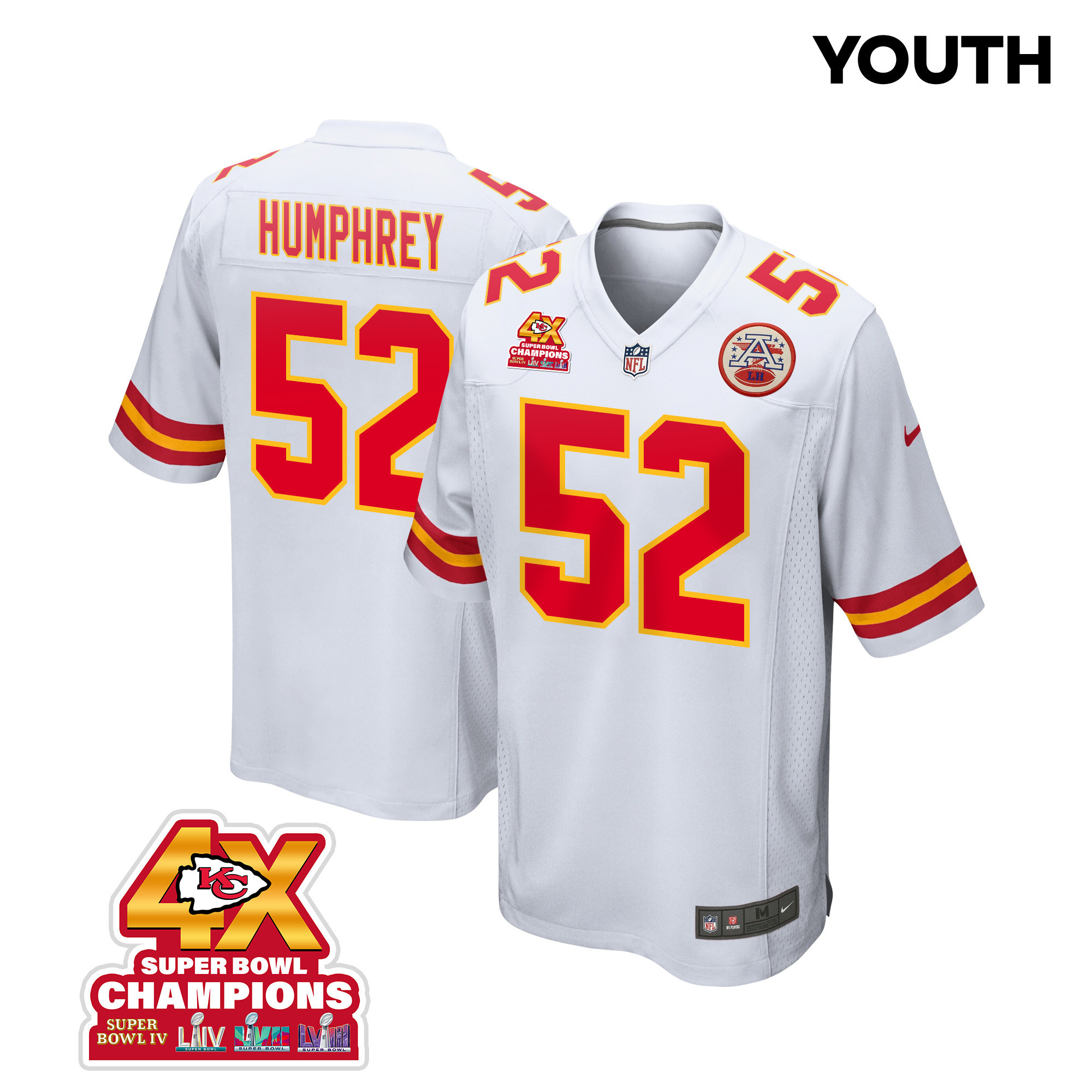 Creed Humphrey 52 Kansas City Chiefs Super Bowl LVIII Champions 4X Game YOUTH Jersey - White JS2925 Saliibo
