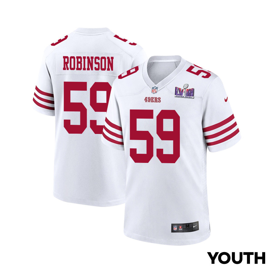 Curtis Robinson 59 San Francisco 49ers Super Bowl LVIII Patch Game YOUTH Jersey - White JS5395 Saliibo