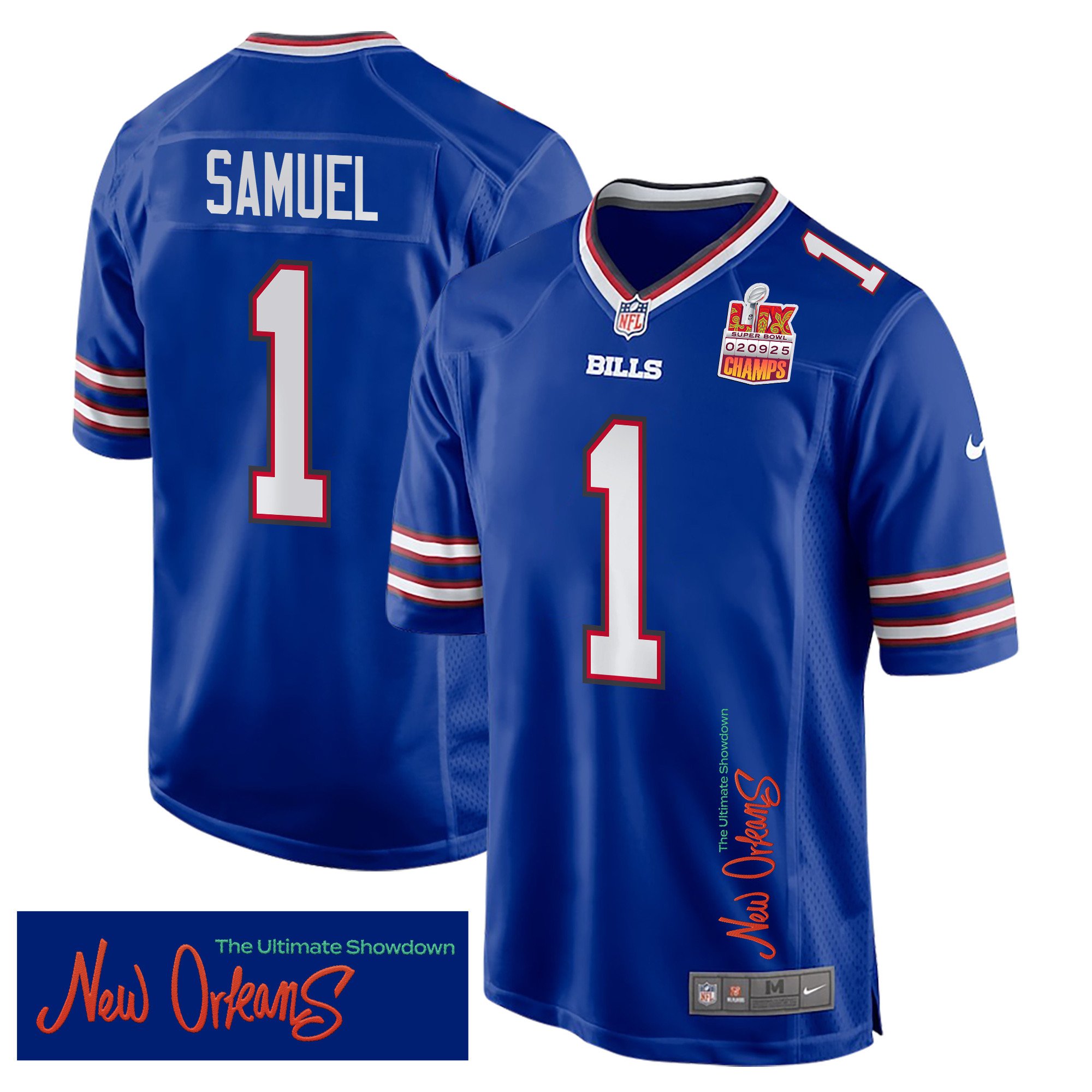 Curtis Samuel 1 Buffalo Bills Super Bowl LIX Champions Patch 'New Orleans - The Ultimate Showdown' EMBROIDERED Game Men Jersey - Royal JS3443 Saliibo