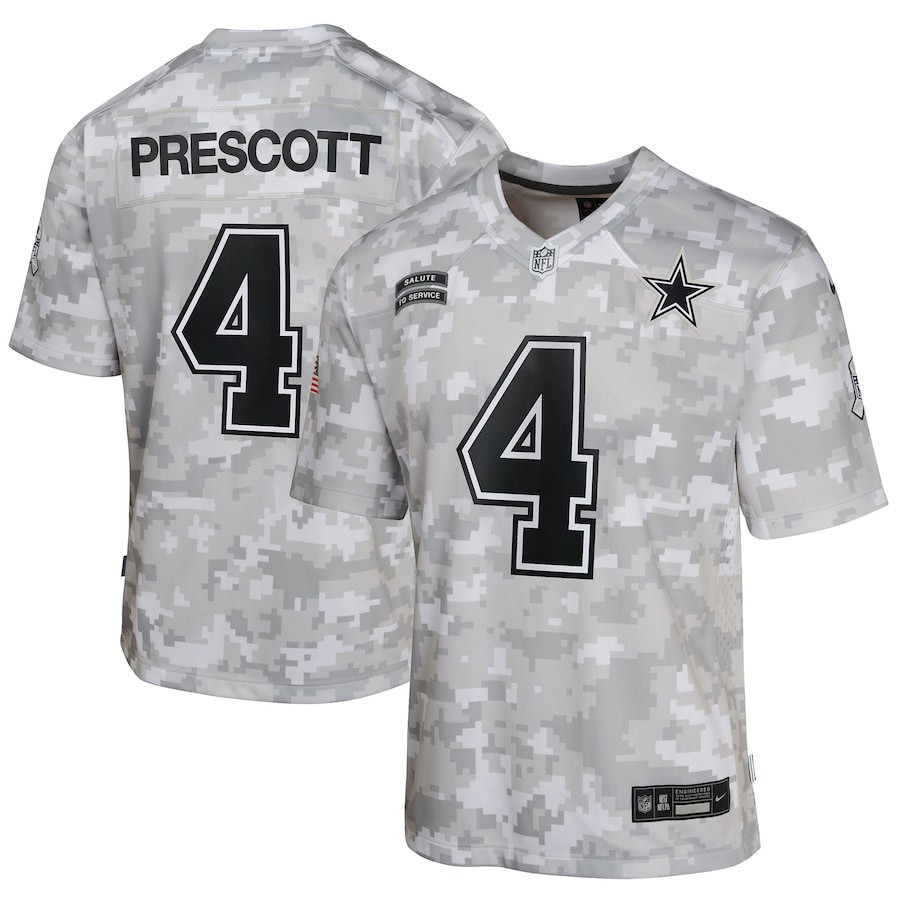 Dak Prescott 4 Dallas Cowboys 2024 Salute to Service Game YOUTH Jersey - Arctic Camo JS9792 Saliibo