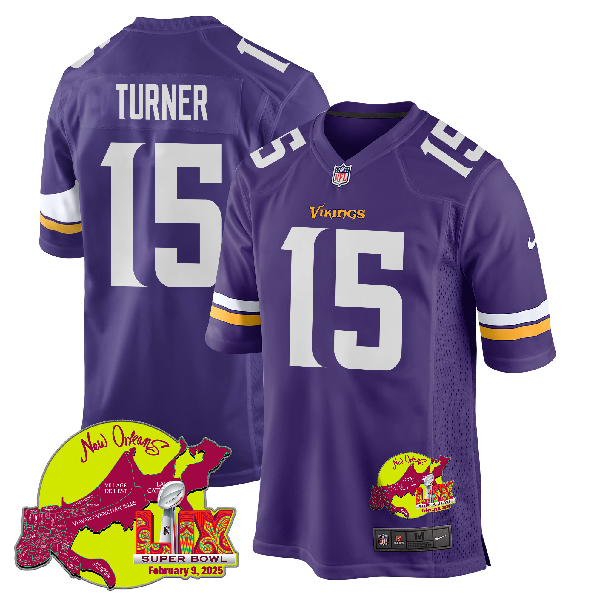 Dallas Turner 15 Minnesota Vikings Super Bowl LIX New Orleans Patch Game Men Jersey - Purple JS6616 Saliibo