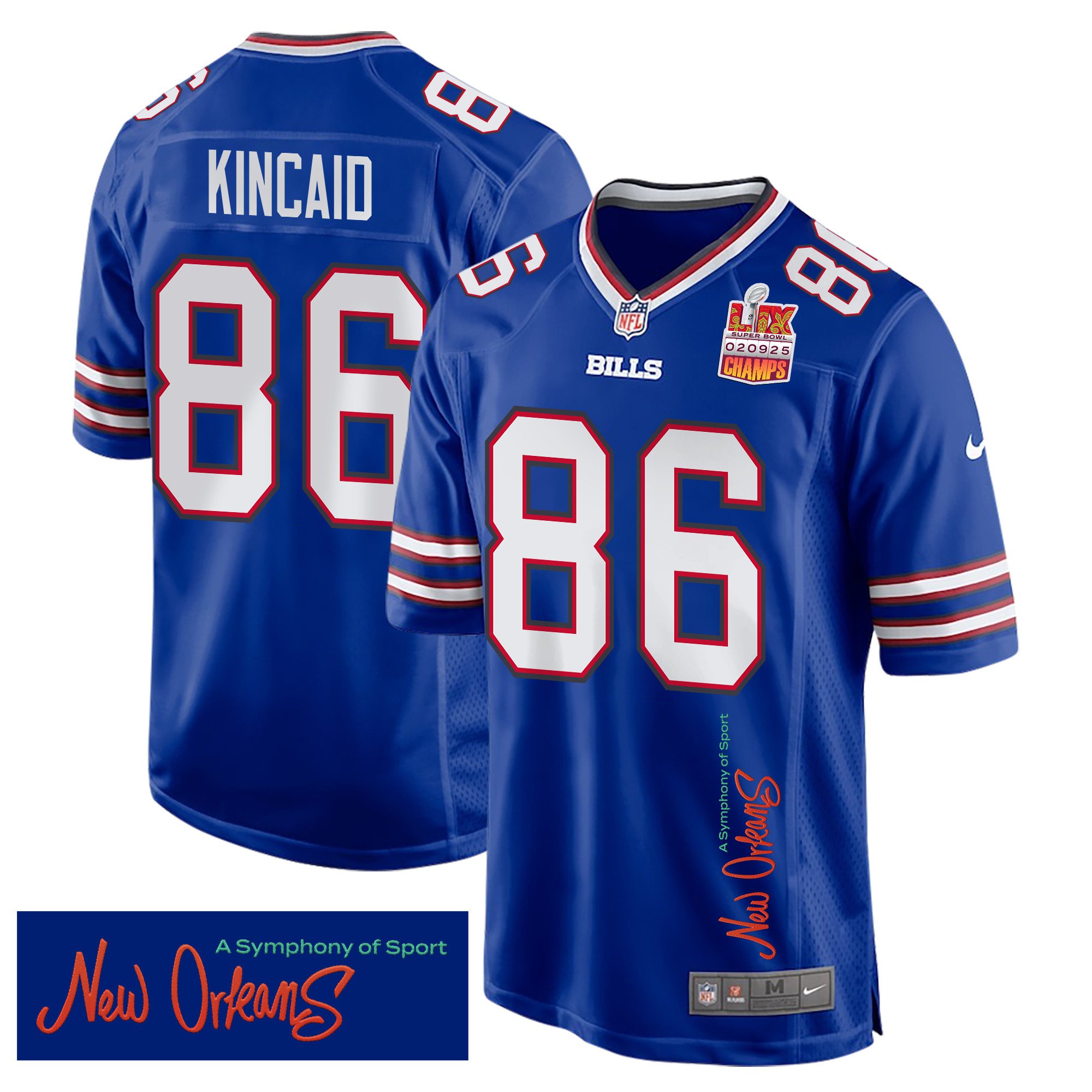 Dalton Kincaid 86 Buffalo Bills Super Bowl LIX Champions Patch 'New Orleans - A Symphony of Sport' EMBROIDERED Game Men Jersey - Royal JS3709 Saliibo
