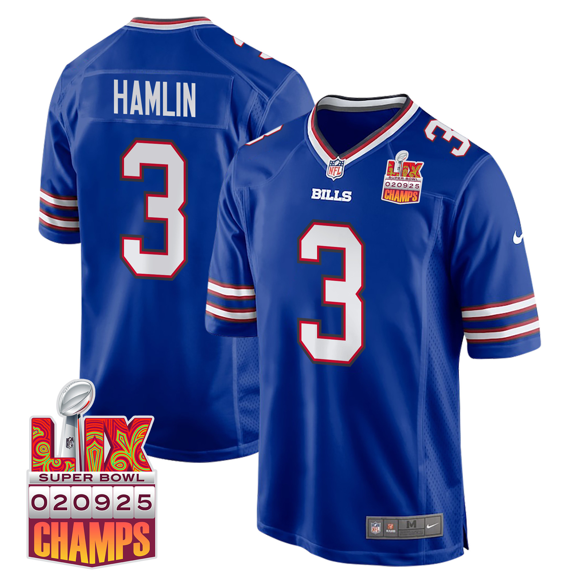 Damar Hamlin 3 Buffalo Bills Super Bowl LIX Champions Patch Game Men Jersey - Royal JS1714 Saliibo