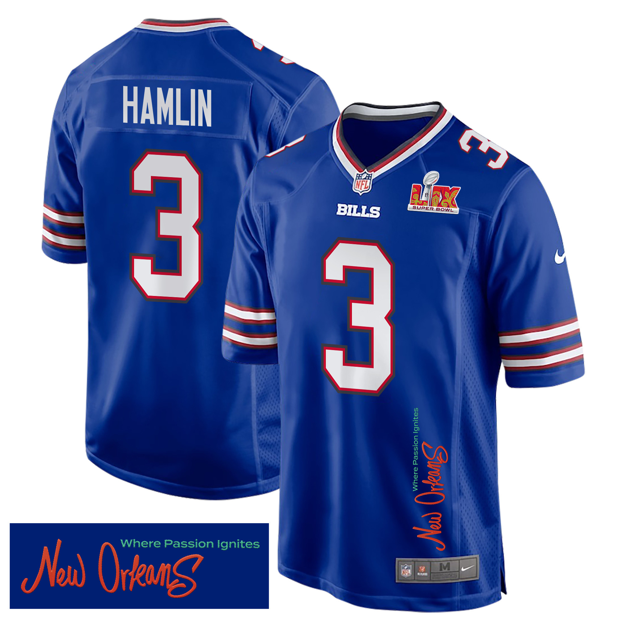 Damar Hamlin 3 Buffalo Bills Super Bowl LIX 'New Orleans - Where Passion Ignites' EMBROIDERED Game Men Jersey - Royal JS9223 Saliibo