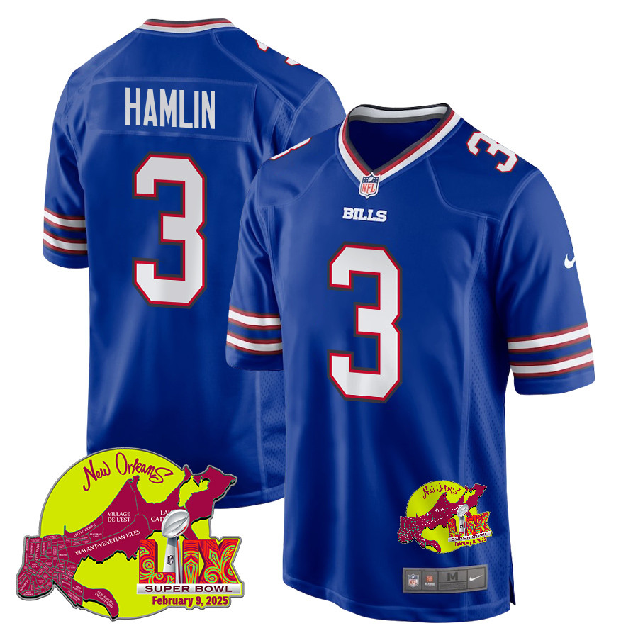 Damar Hamlin 3 Buffalo Bills Super Bowl LIX New Orleans Patch Game Men Jersey - Royal JS2838 Saliibo