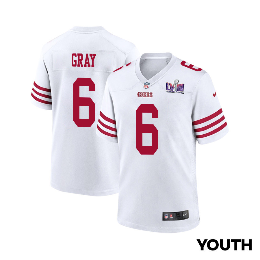 Danny Gray 6 San Francisco 49ers Super Bowl LVIII Patch Game YOUTH Jersey - White JS9753 Saliibo