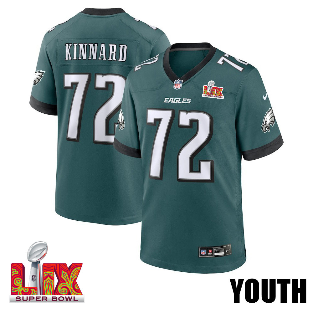 Darian Kinnard #72 Philadelphia Eagles Super Bowl LIX YOUTH Jersey - Midnight Green JS7435 Saliibo