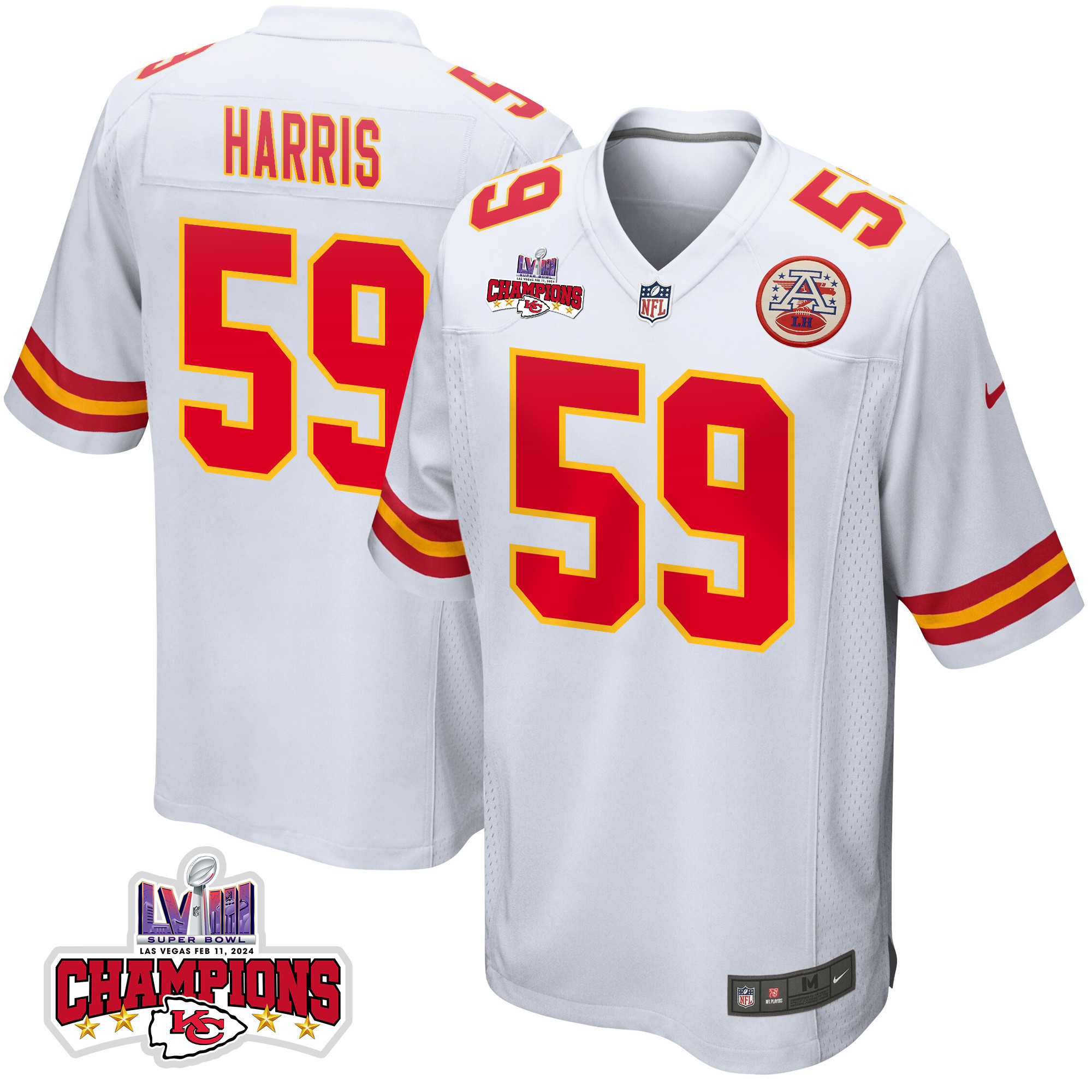 Darius Harris 59 Kansas City Chiefs Super Bowl LVIII Champions 4 Stars Patch Game Men Jersey - White JS6068 Saliibo