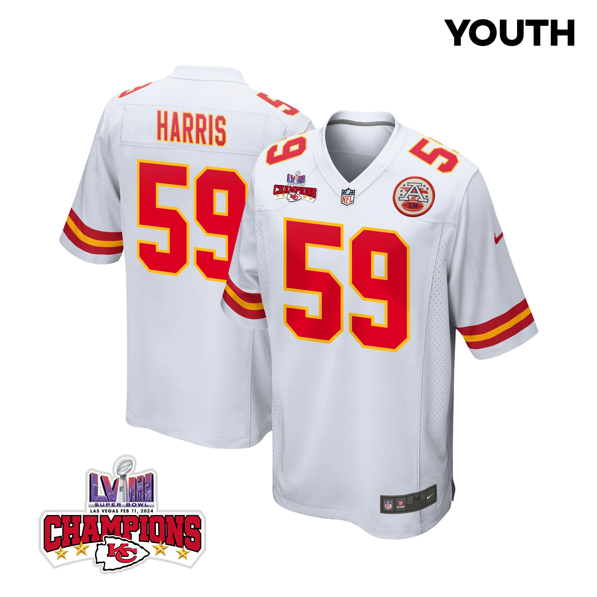 Darius Harris 59 Kansas City Chiefs Super Bowl LVIII Champions 4 Stars Patch Game YOUTH Jersey - White JS7599 Saliibo