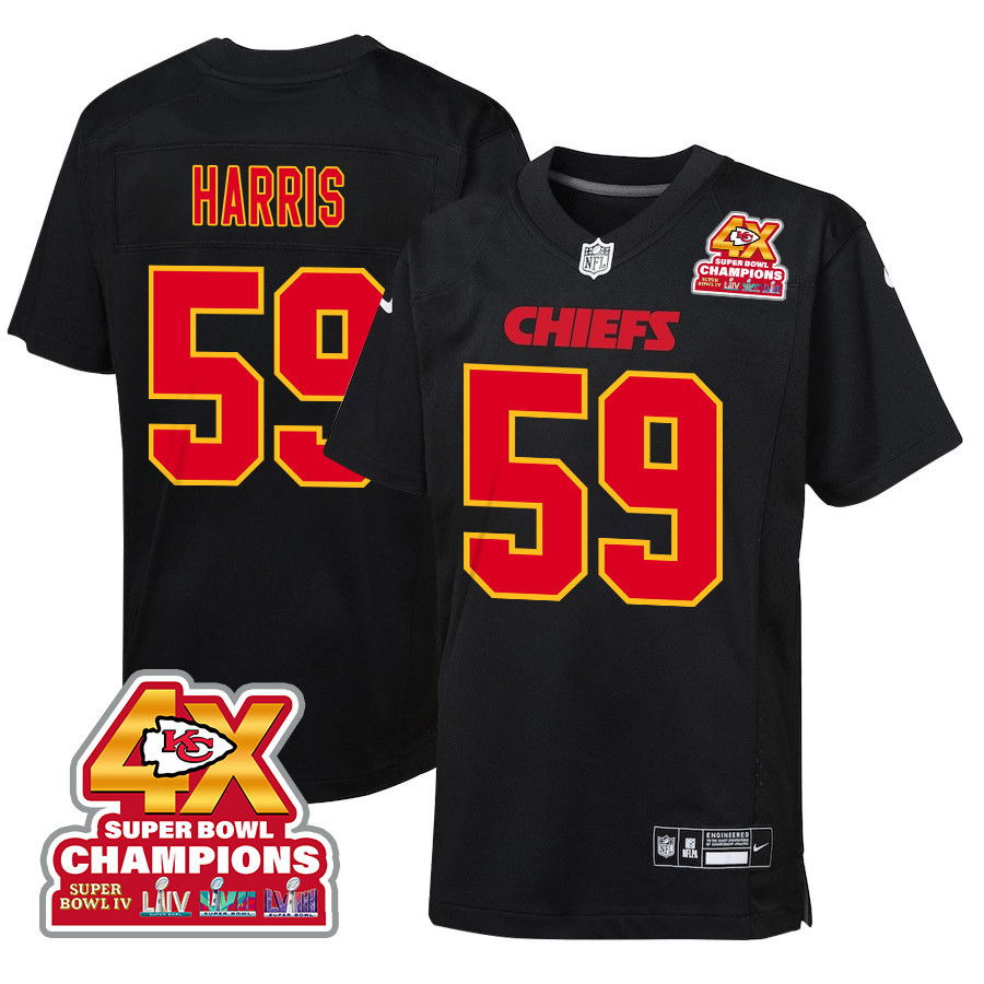 Darius Harris 59 Kansas City Chiefs Super Bowl LVIII Champions 4X Fashion Game YOUTH Jersey - Carbon Black JS8513 Saliibo