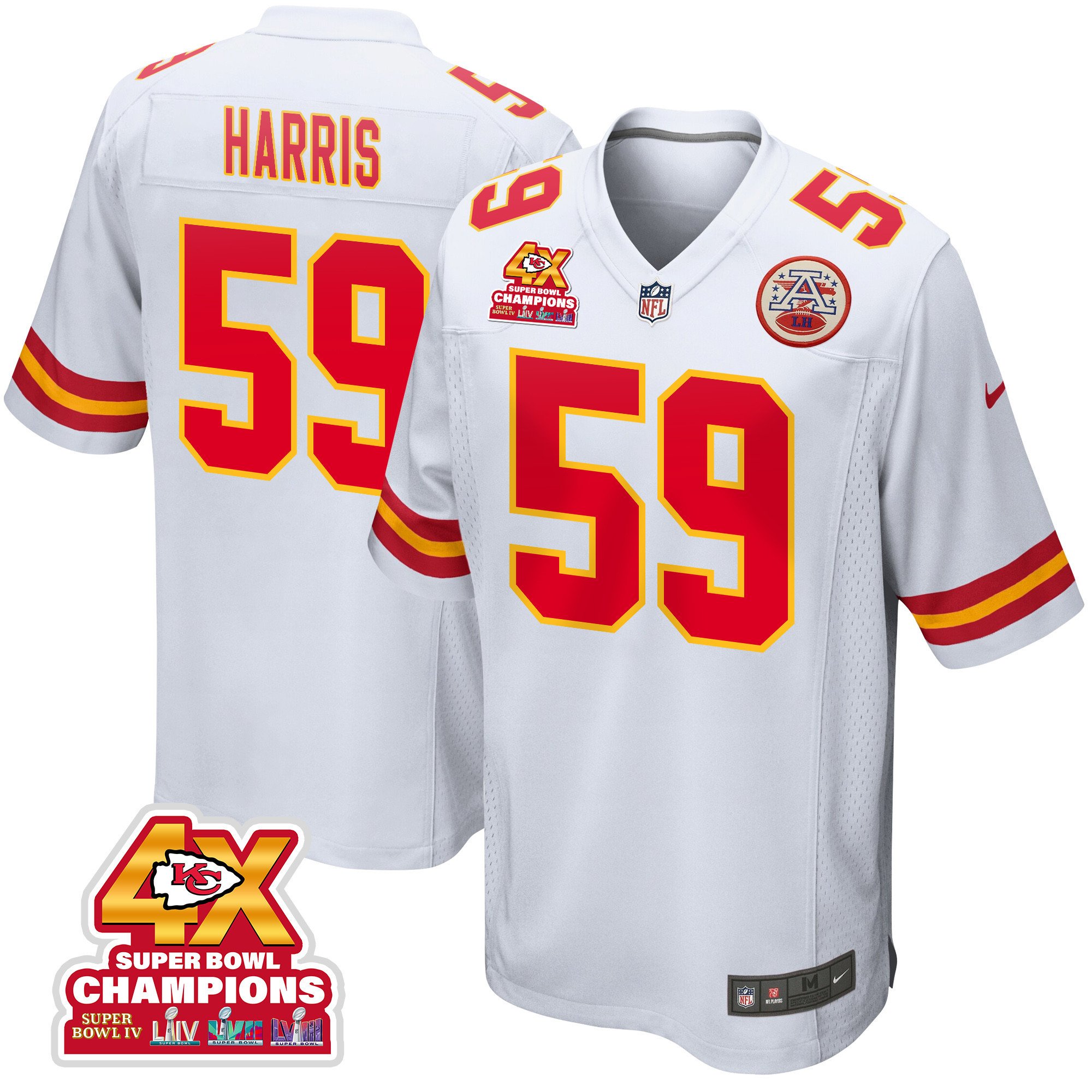 Darius Harris 59 Kansas City Chiefs Super Bowl LVIII Champions 4X Game Men Jersey - White JS1247 Saliibo