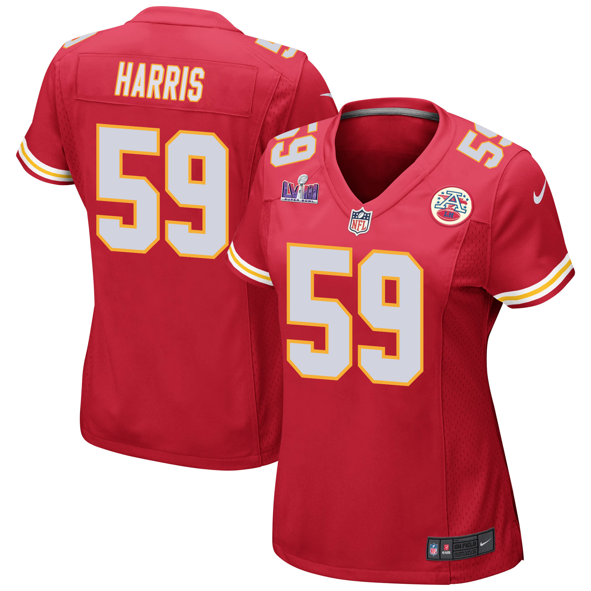 Darius Harris 59 Kansas City Chiefs Super Bowl LVIII Patch Game Women Jersey - Red JS1801 Saliibo