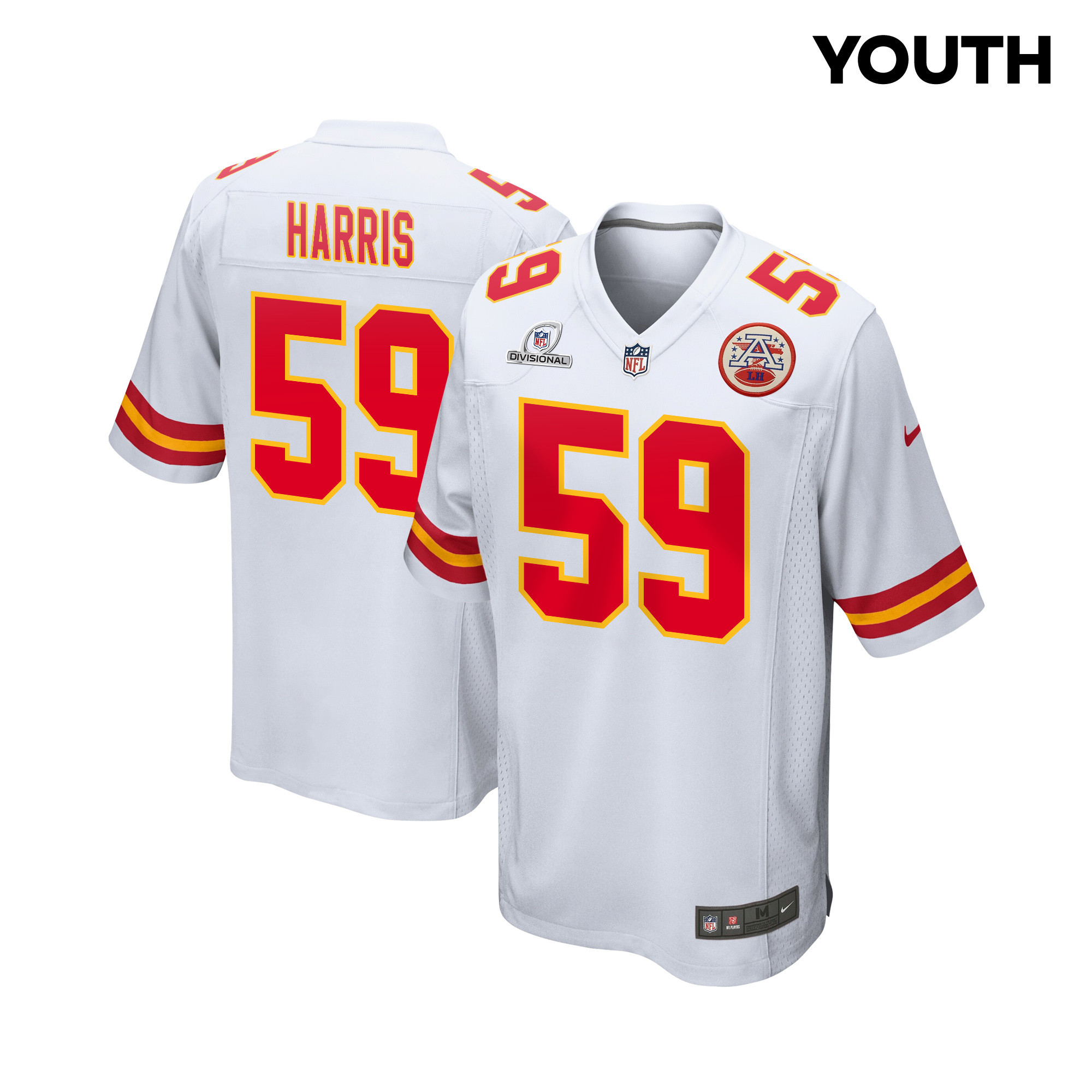Darius Harris 59 Kansas City Chiefs Super Bowl LVIII Patch Game YOUTH Jersey - White JS5998 Saliibo