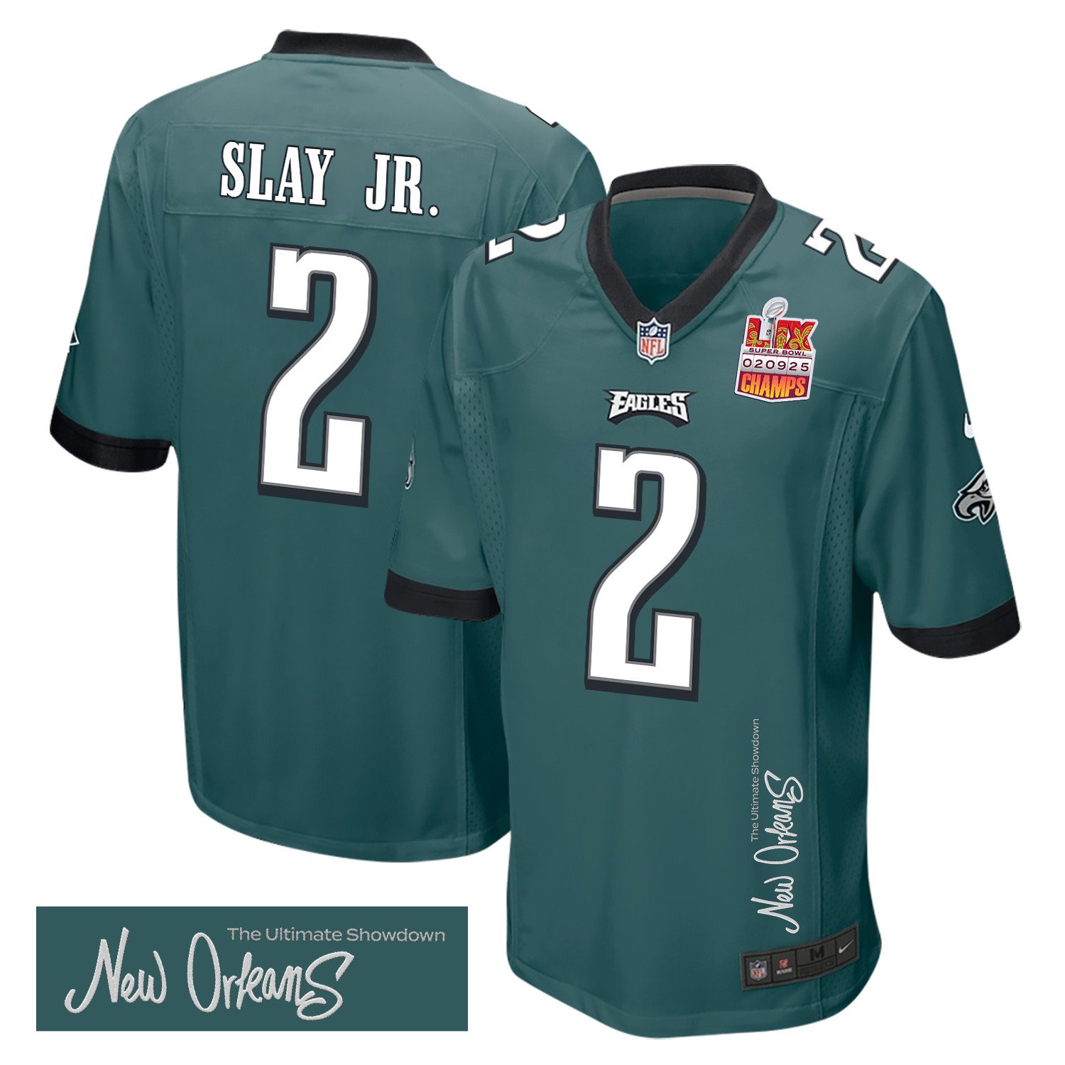 Darius Slay Jr. 2 Philadelphia Eagles Super Bowl LIX Champions Patch 'New Orleans - The Ultimate Showdown' EMBROIDERED Game Men Jersey - Midnight Green JS9358 Saliibo