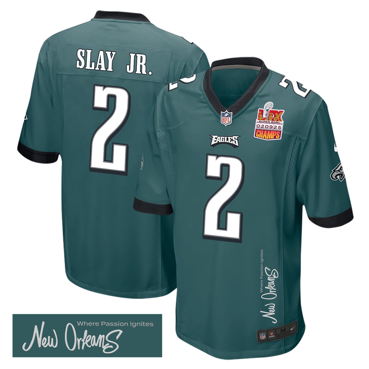 Darius Slay Jr. 2 Philadelphia Eagles Super Bowl LIX Champions Patch 'New Orleans - Where Passion Ignites' EMBROIDERED Game Men Jersey - Midnight Green JS5873 Saliibo