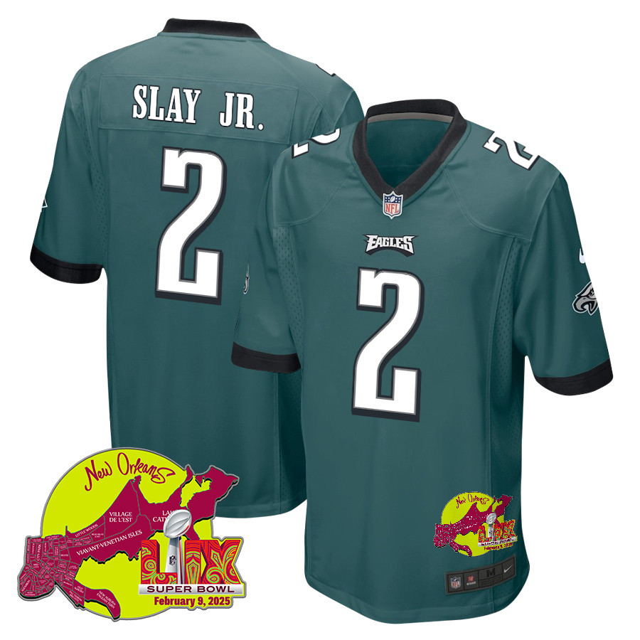 Darius Slay Jr. 2 Philadelphia Eagles Super Bowl LIX New Orleans Patch Game Men Jersey - Midnight Green JS8505 Saliibo