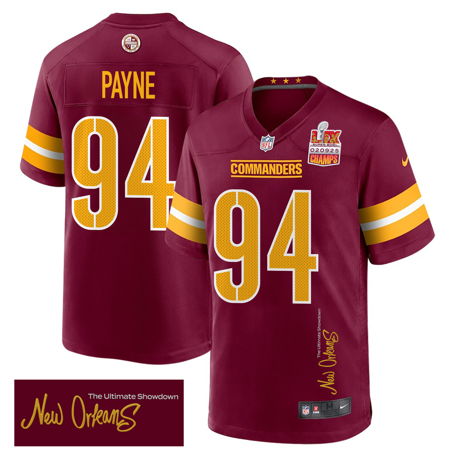 Daron Payne 94 Washington Commanders Super Bowl LIX Champions Patch 'New Orleans - The Ultimate Showdown' EMBROIDERED Game Men Jersey - Burgundy JS7026 Saliibo
