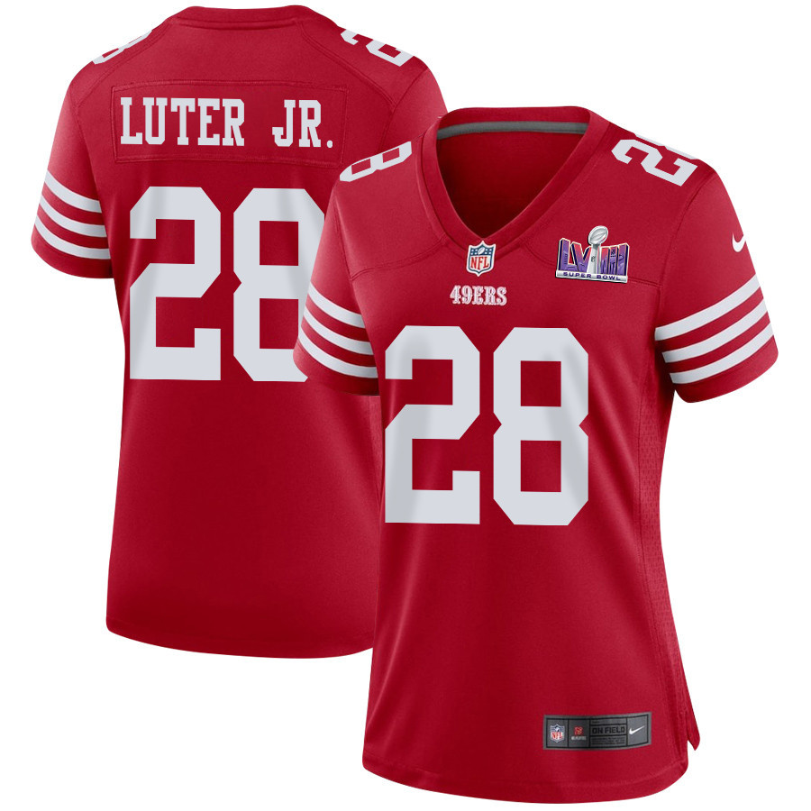 Darrell Luter Jr. 28 San Francisco 49ers Super Bowl LVIII Patch Game Women Jersey - Scarlet JS9958 Saliibo