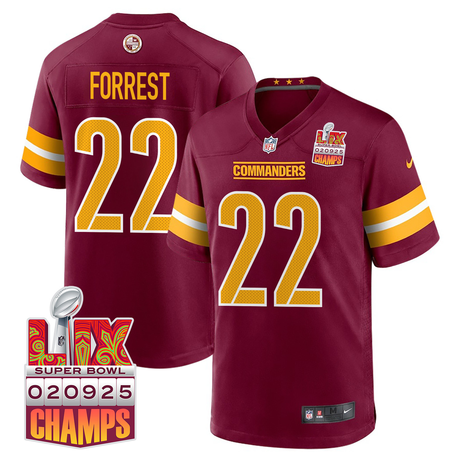 Darrick Forrest 22 Washington Commanders Super Bowl LIX Champions Patch Game Men Jersey - Burgundy JS9067 Saliibo