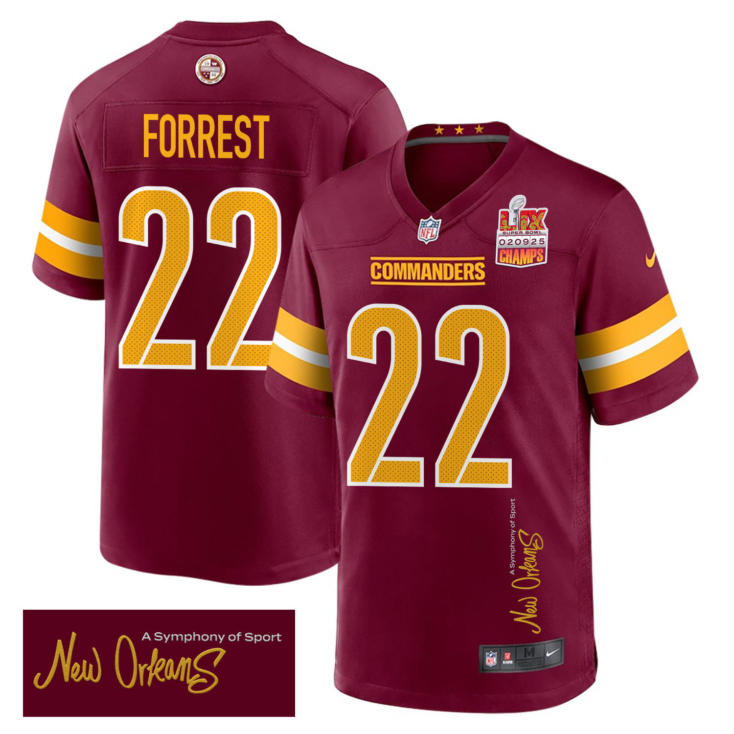 Darrick Forrest 22 Washington Commanders Super Bowl LIX Champions Patch 'New Orleans - A Symphony of Sport' EMBROIDERED Game Men Jersey - Burgundy JS2685 Saliibo