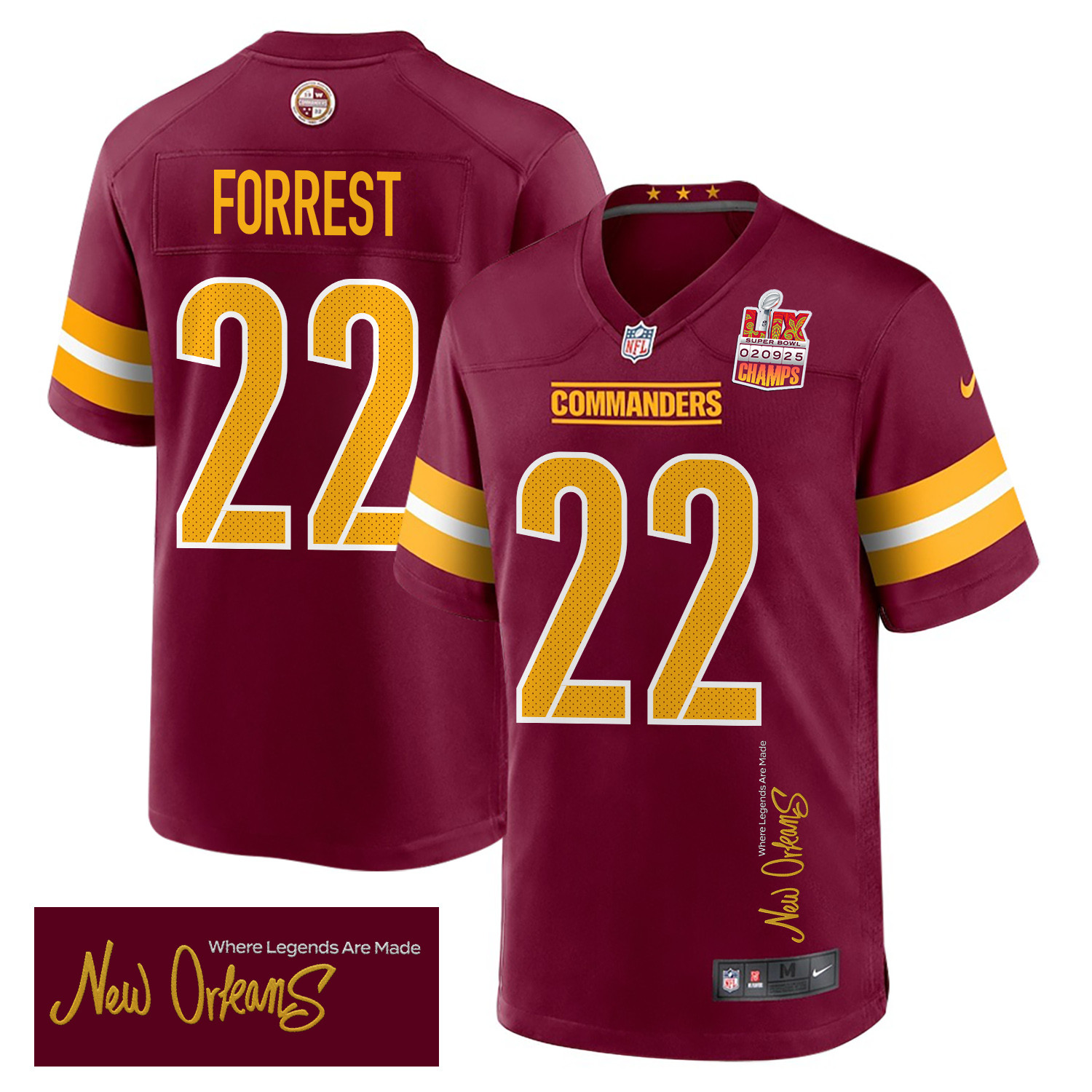 Darrick Forrest 22 Washington Commanders Super Bowl LIX Champions Patch 'New Orleans - Where Legends Are Made' EMBROIDERED Game Men Jersey - Burgundy JS6787 Saliibo