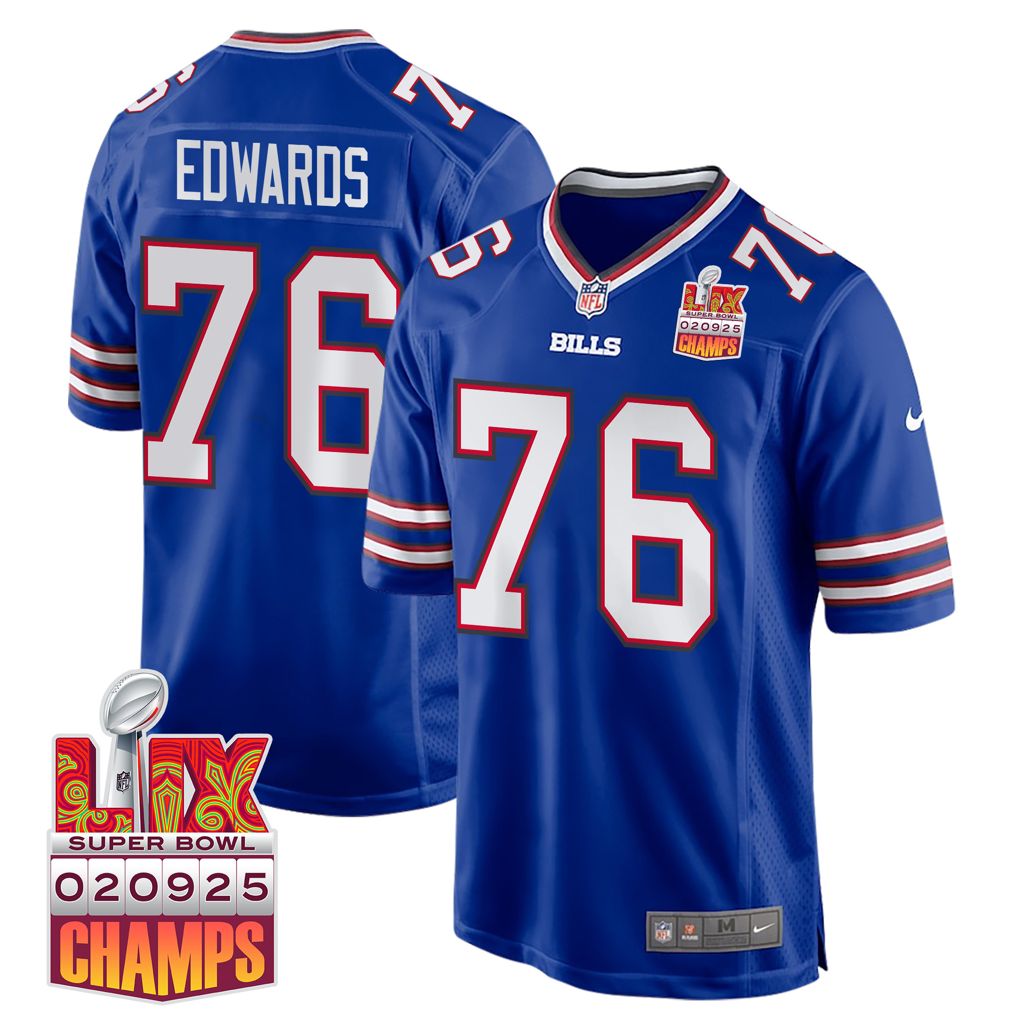 David Edwards 76 Buffalo Bills Super Bowl LIX Champions Patch Game Men Jersey - Royal JS2484 Saliibo