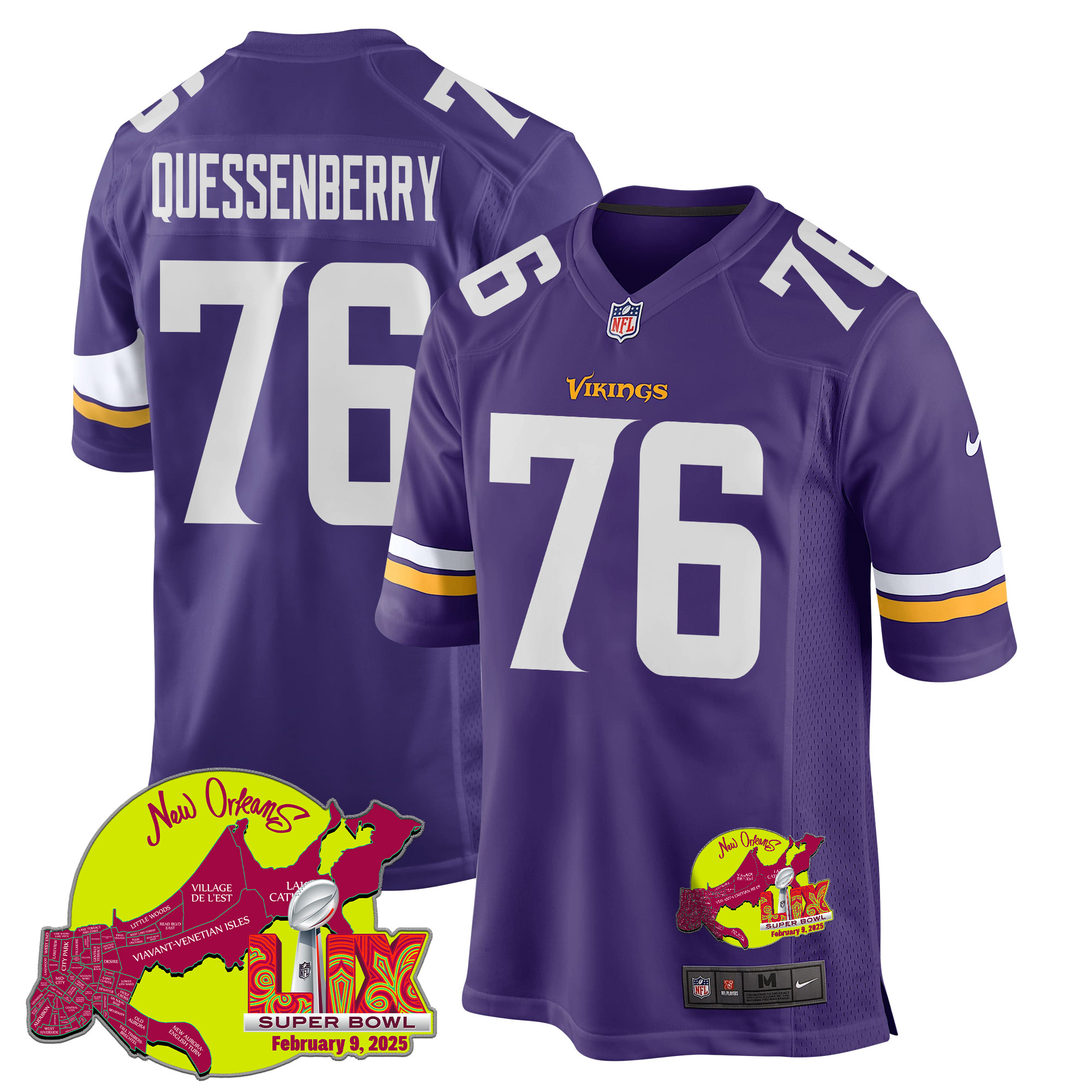 David Quessenberry 76 Minnesota Vikings Super Bowl LIX New Orleans Patch Game Men Jersey - Purple JS3964 Saliibo