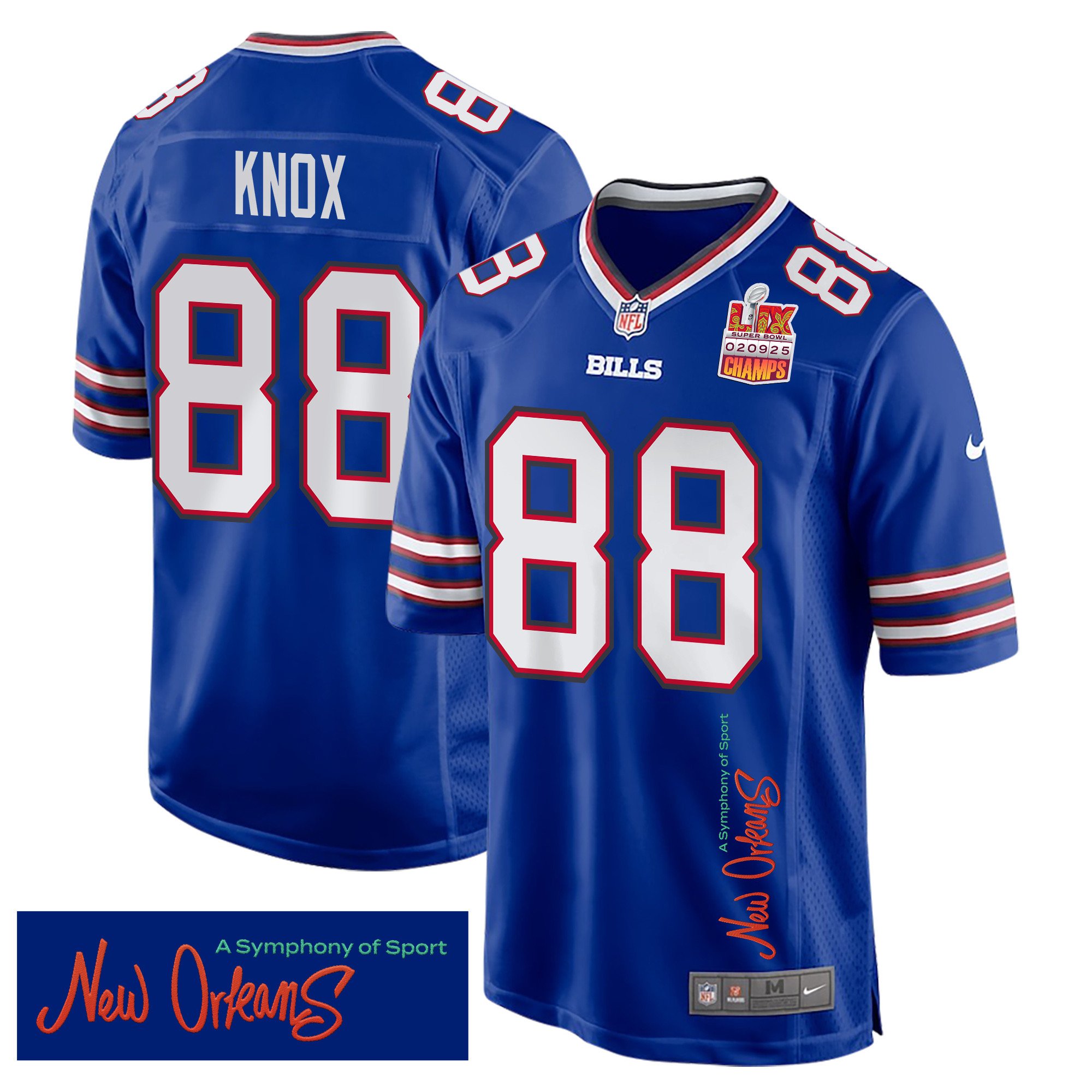 Dawson Knox 88 Buffalo Bills Super Bowl LIX Champions Patch 'New Orleans - A Symphony of Sport' EMBROIDERED Game Men Jersey - Royal JS1239 Saliibo