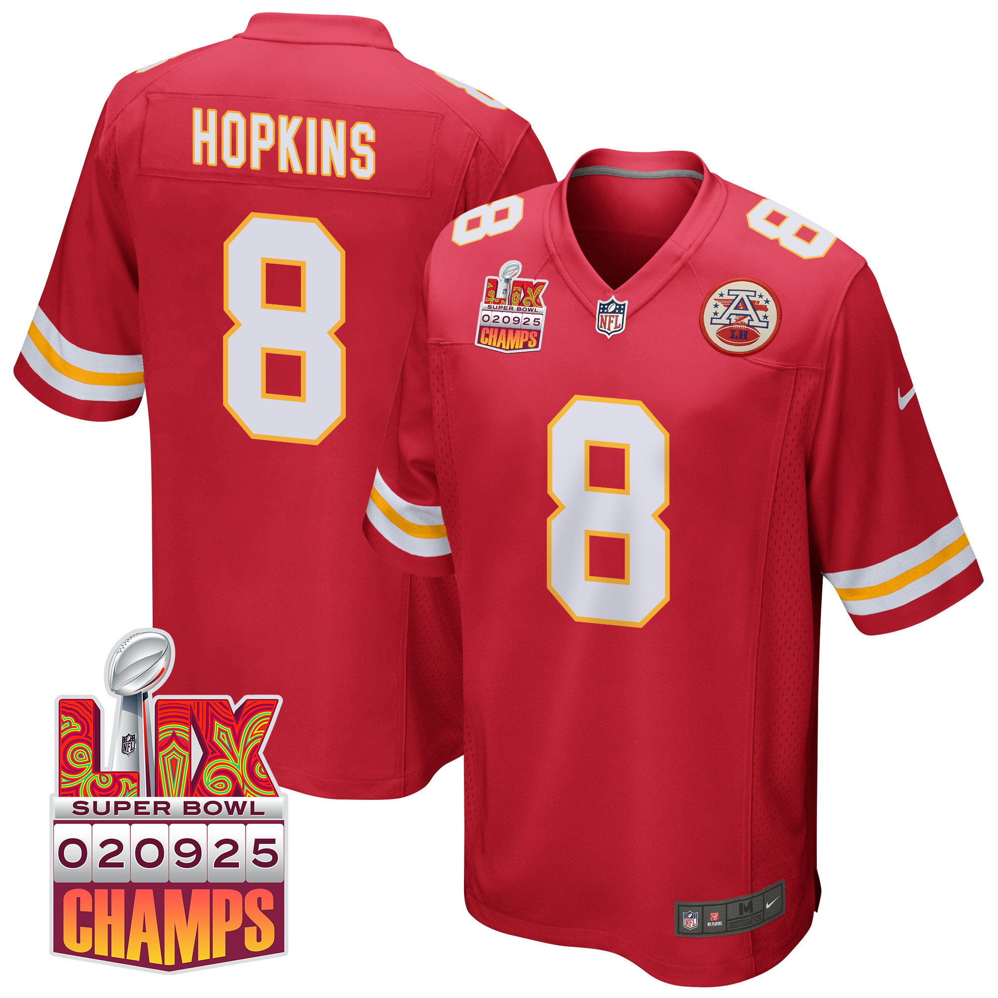 DeAndre Hopkins 8 Kansas City Chiefs Super Bowl LIX Champions Patch Game Men Jersey - Red JS9436 Saliibo