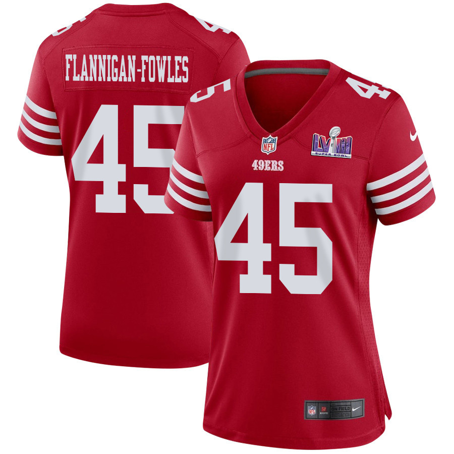 Demetrius Flannigan-Fowles 45 San Francisco 49ers Super Bowl LVIII Patch Game Women Jersey - Scarlet JS8152 Saliibo