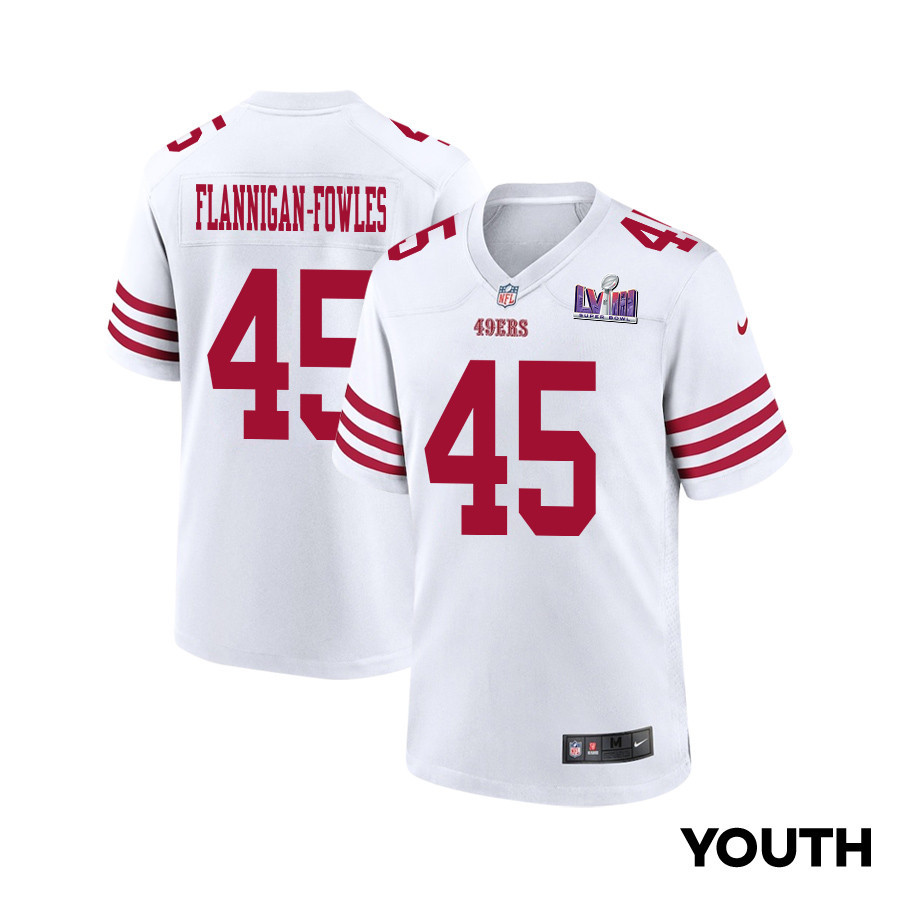 Demetrius Flannigan-Fowles 45 San Francisco 49ers Super Bowl LVIII Patch Game YOUTH Jersey - White JS6330 Saliibo