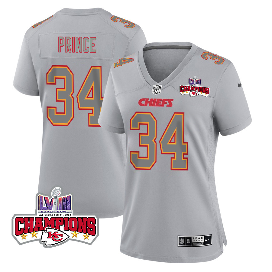 Deneric Prince 34 Kansas City Chiefs Super Bowl LVIII Champions 4 Stars Patch Atmosphere Fashion Game Women Jersey - Gray JS9554 Saliibo