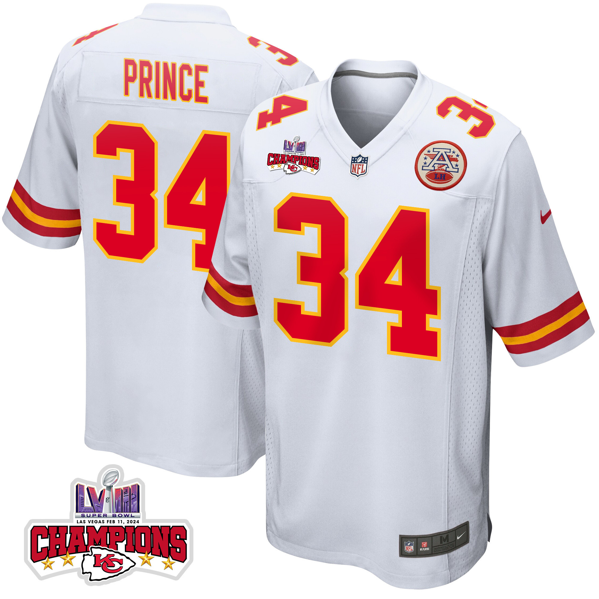 Deneric Prince 34 Kansas City Chiefs Super Bowl LVIII Champions 4 Stars Patch Game Men Jersey - White JS4608 Saliibo
