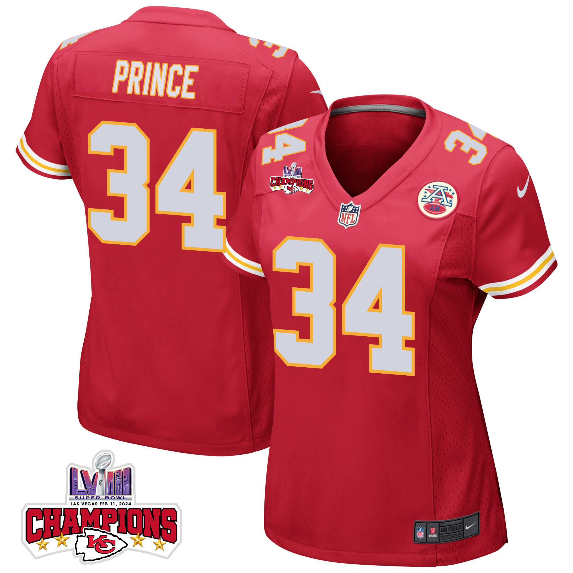 Deneric Prince 34 Kansas City Chiefs Super Bowl LVIII Champions 4 Stars Patch Game Women Jersey - Red JS8161 Saliibo